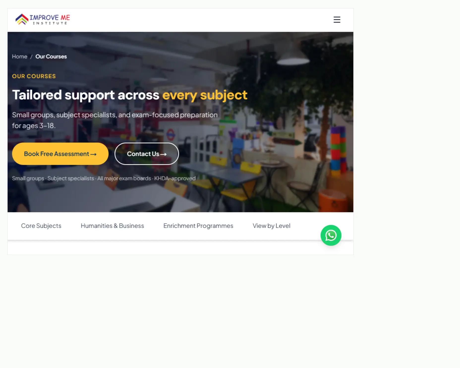 Improve Me Institute Custom banner for tailored tutoring courses and exam preparation for ages 3-18.