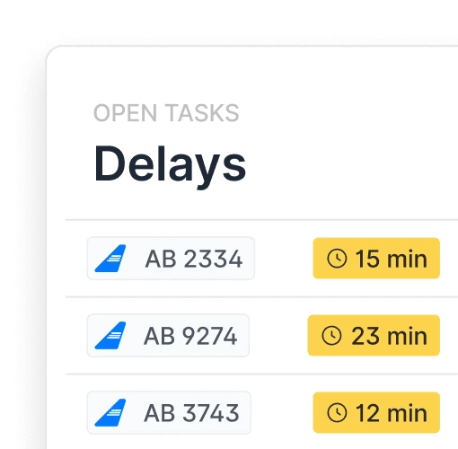 The image displays the airline analytics web app interface from use Cosmos, showcasing flight delays with icons, flight numbers, and delay times to provide insights into airline performance.