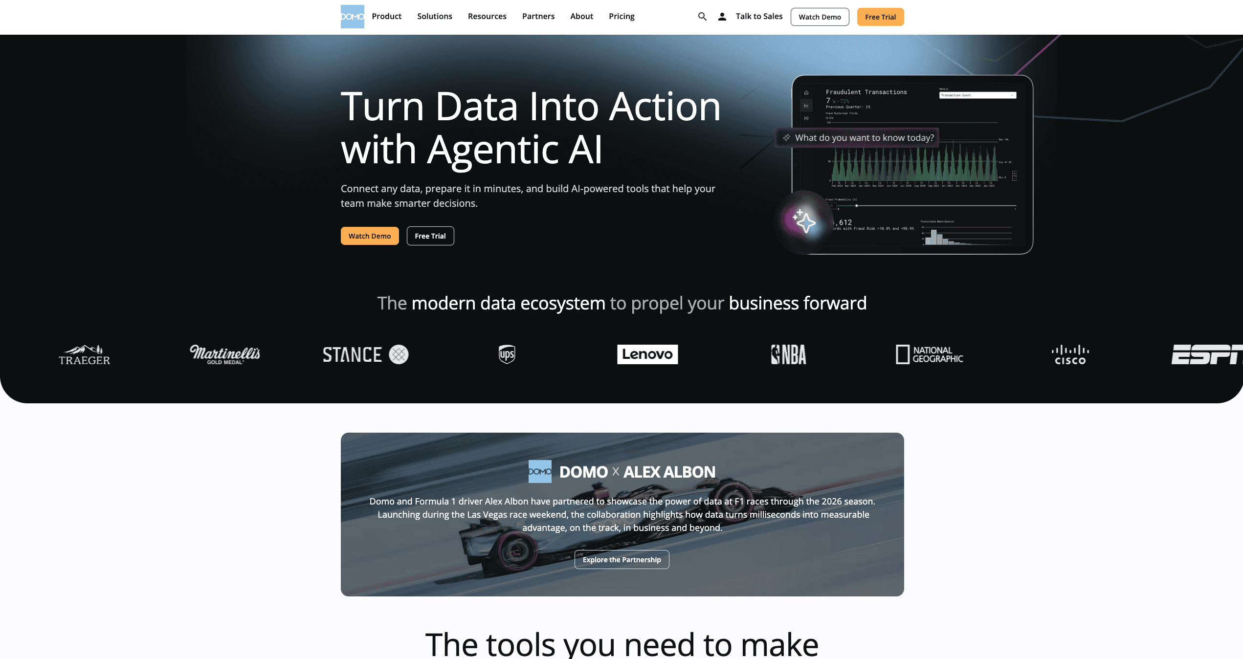 Domo business intelligence platform dashboard displaying integrated data pipelines, visual analytics, and AI driven insights.