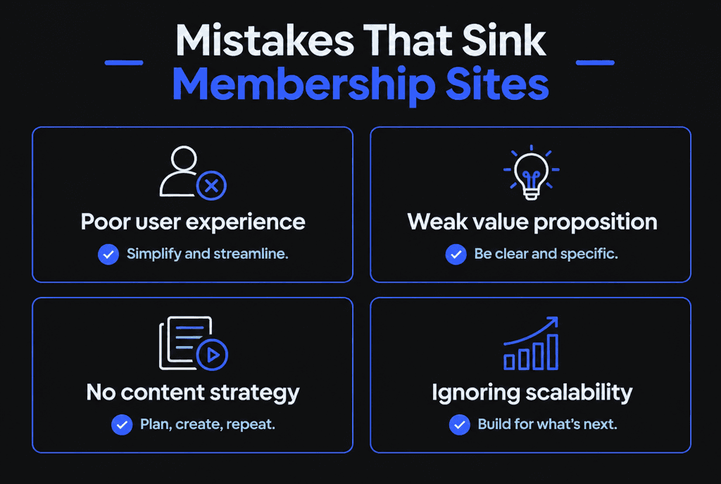 Infographic of mistakes that sink membership sites: poor user experience, weak value proposition, no content strategy and ignoring scalability