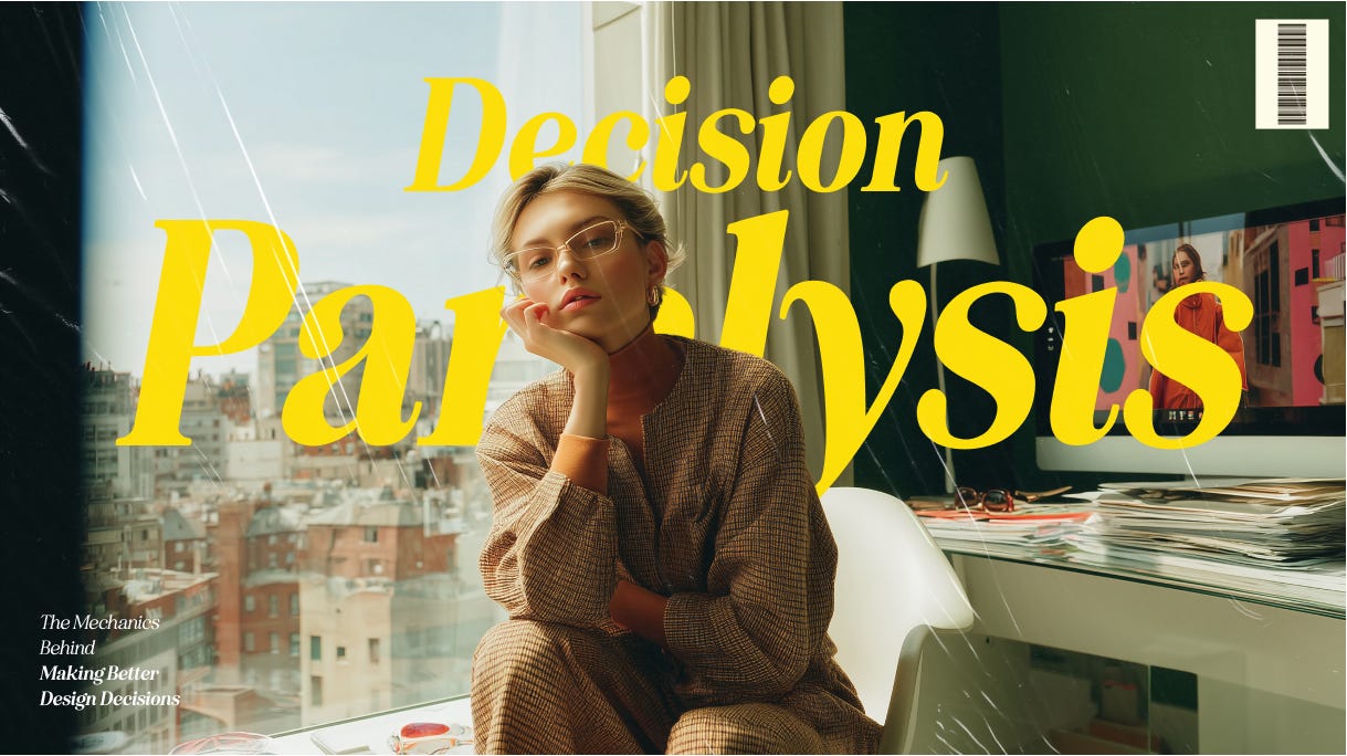 A young woman in glasses and a checkered outfit sits pensively by a large window overlooking a cityscape. She rests her face on her hand in a thoughtful pose. The bold yellow text overlaid reads “Decision Paralysis.” A computer screen with a fashion image and a stack of magazines are seen in the background.
