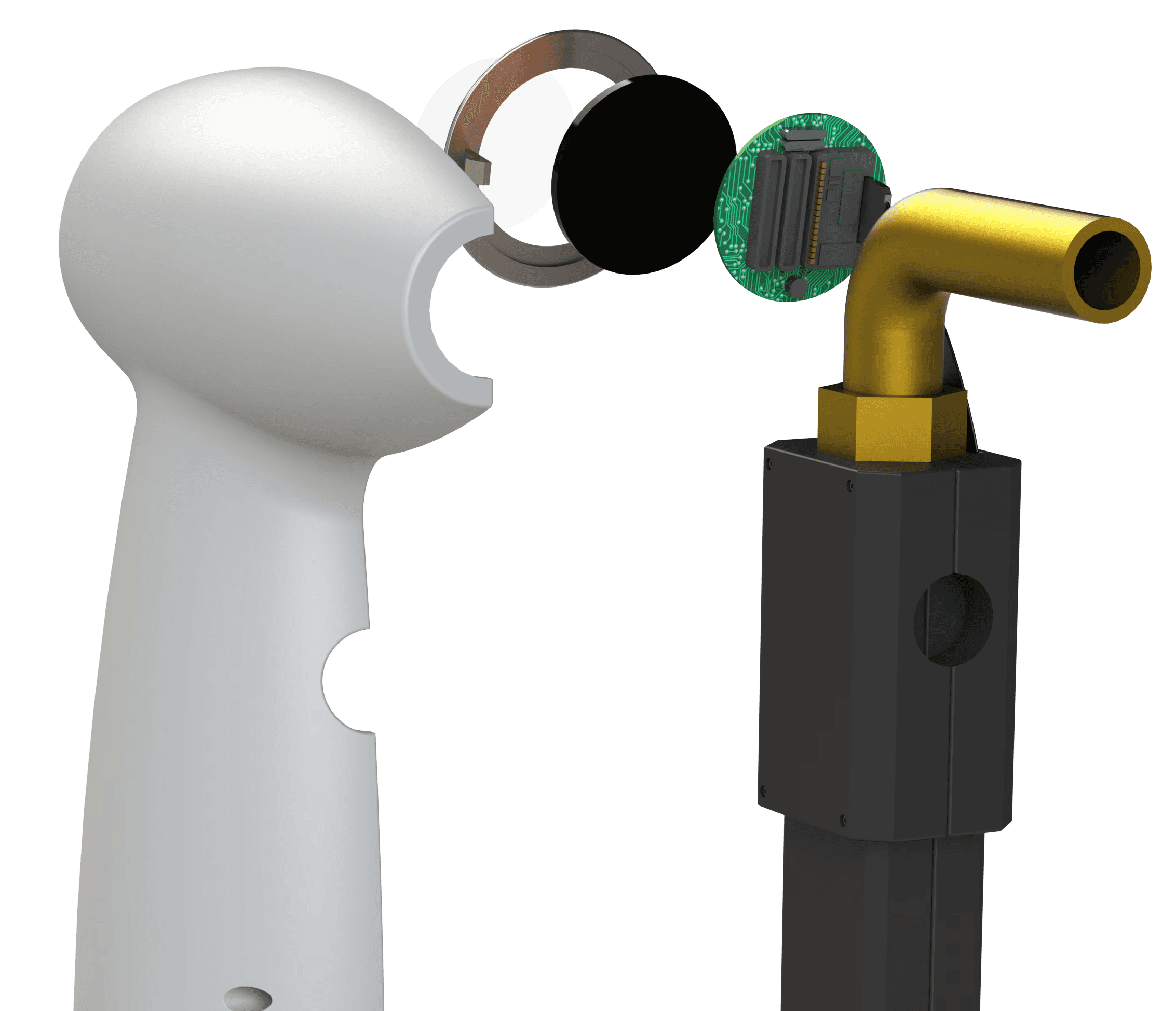 An exploded view of a handheld cooking torch, showing the internal circuit board and mechanical components.
