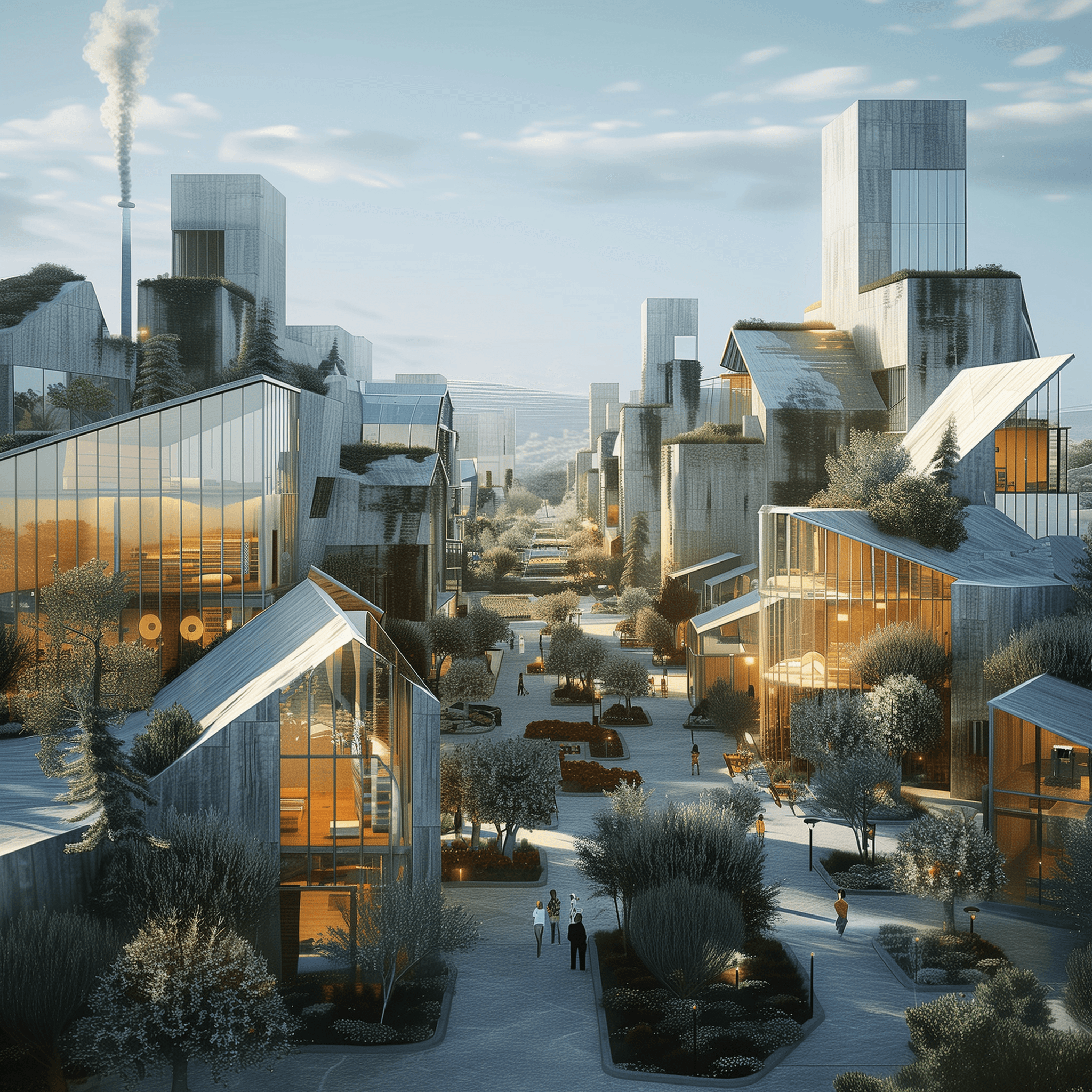 Soft, warm-toned illustration of a futuristic urban neighborhood with modern angular buildings, large glass facades, rooftop greenery, and a tree-lined pedestrian walkway, creating a calm, imaginative city atmosphere.