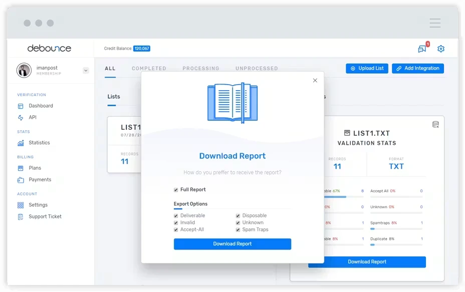 DeBounce - credit dashboard showing lifetime credits balance