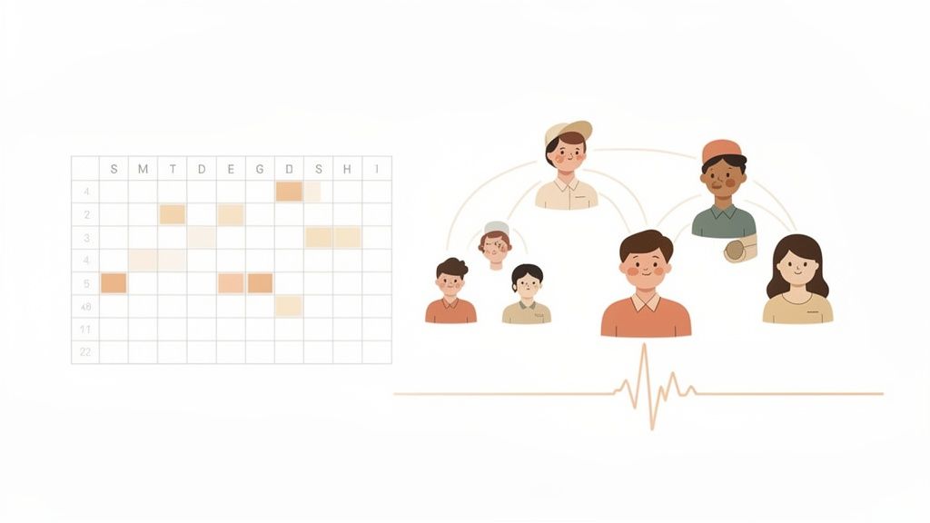A grid displaying a work schedule with shaded cells, alongside an interconnected network of diverse employee illustrations.