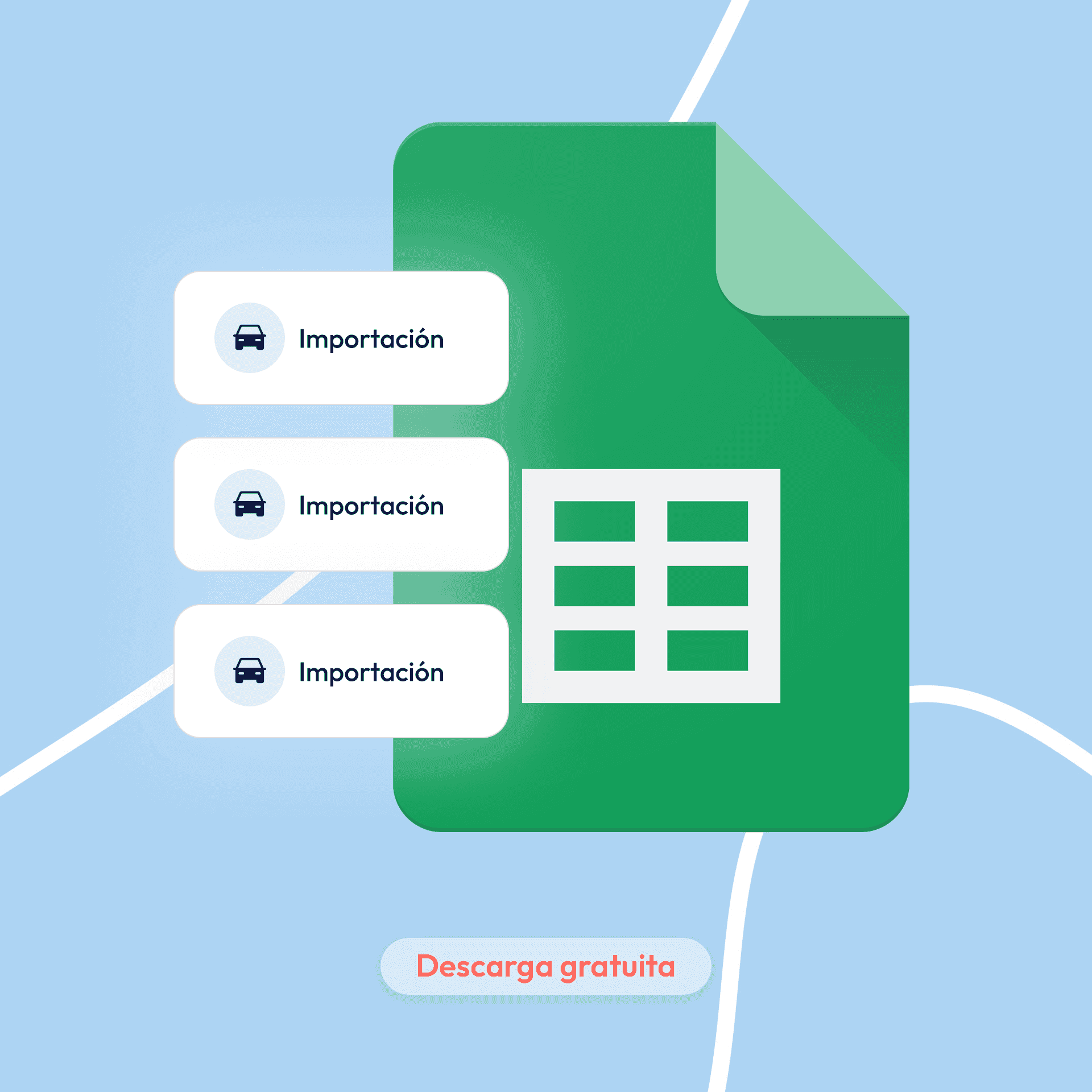 Google Sheets import and data download icon with a car icon and text.