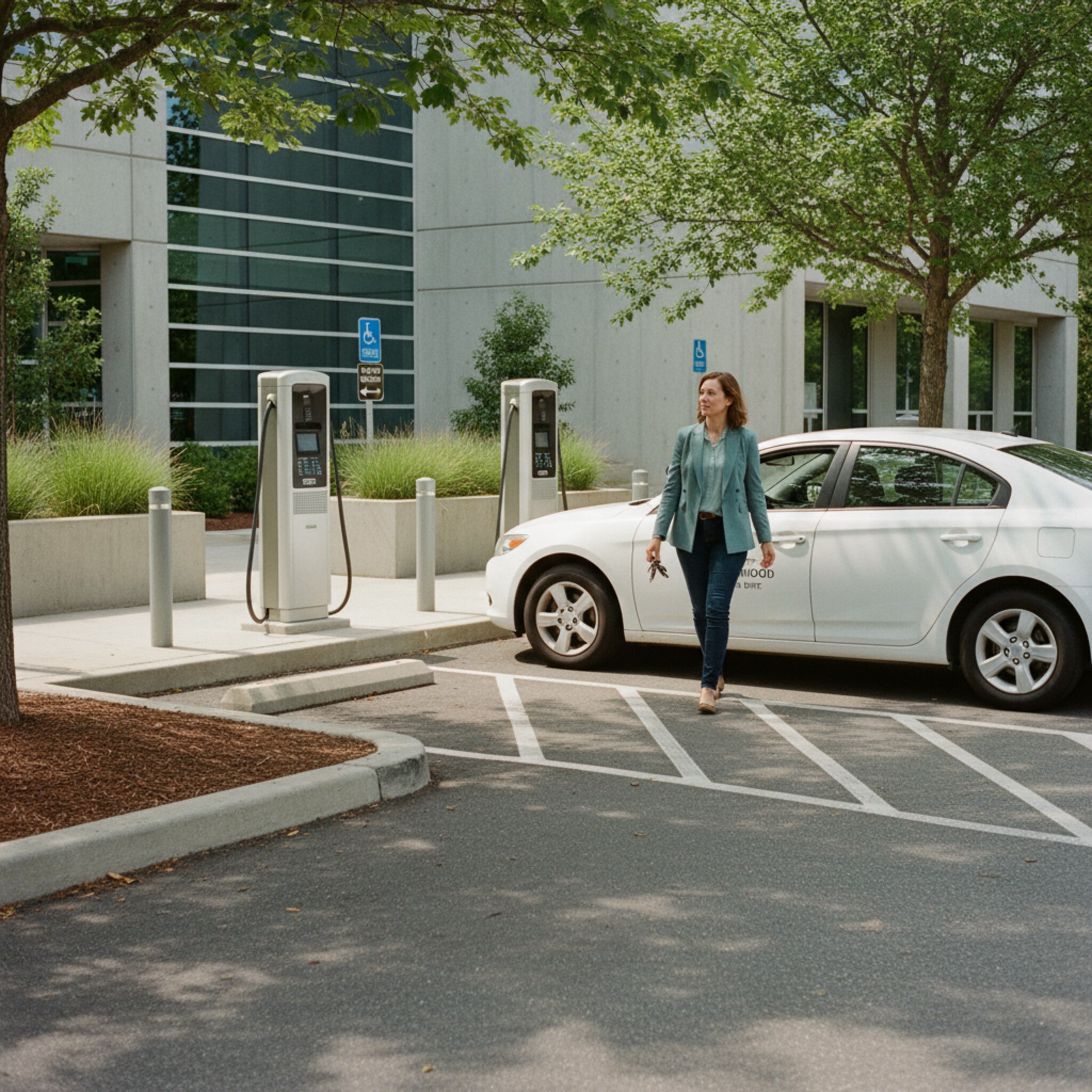 Ein Parkplatz hinter dem Verwaltungsgebäude mit markierten Stellplätzen und zwei E-Ladesäulen. Ein Dienstwagen parkt, daneben steigt eine Besucherin aus und schließt die Tür. Bäume spenden Schatten, ein Hinweisschild zeigt die Zufahrt zur Tiefgarage. Es wirkt geordnet und einladend.