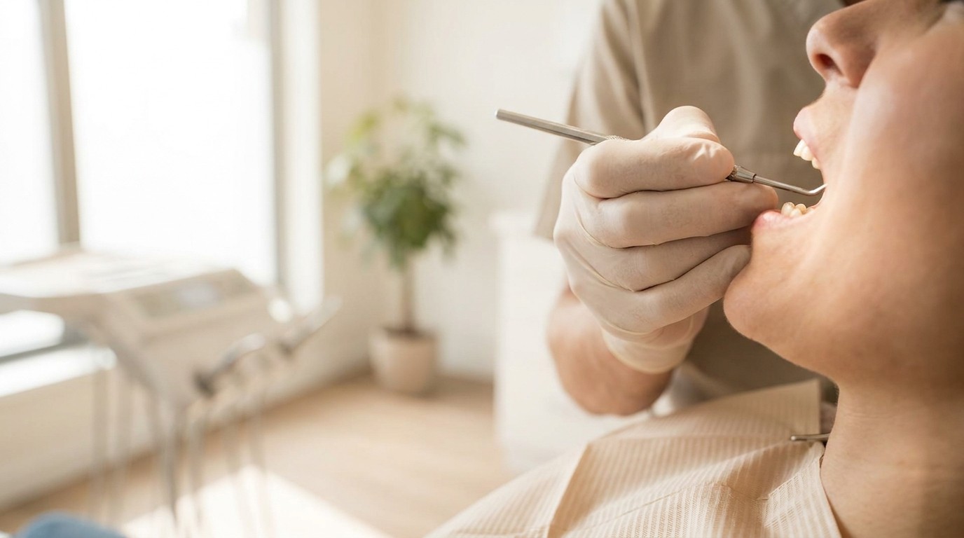 A dental hygienist gently cleans a patient's teeth during a routine checkup.