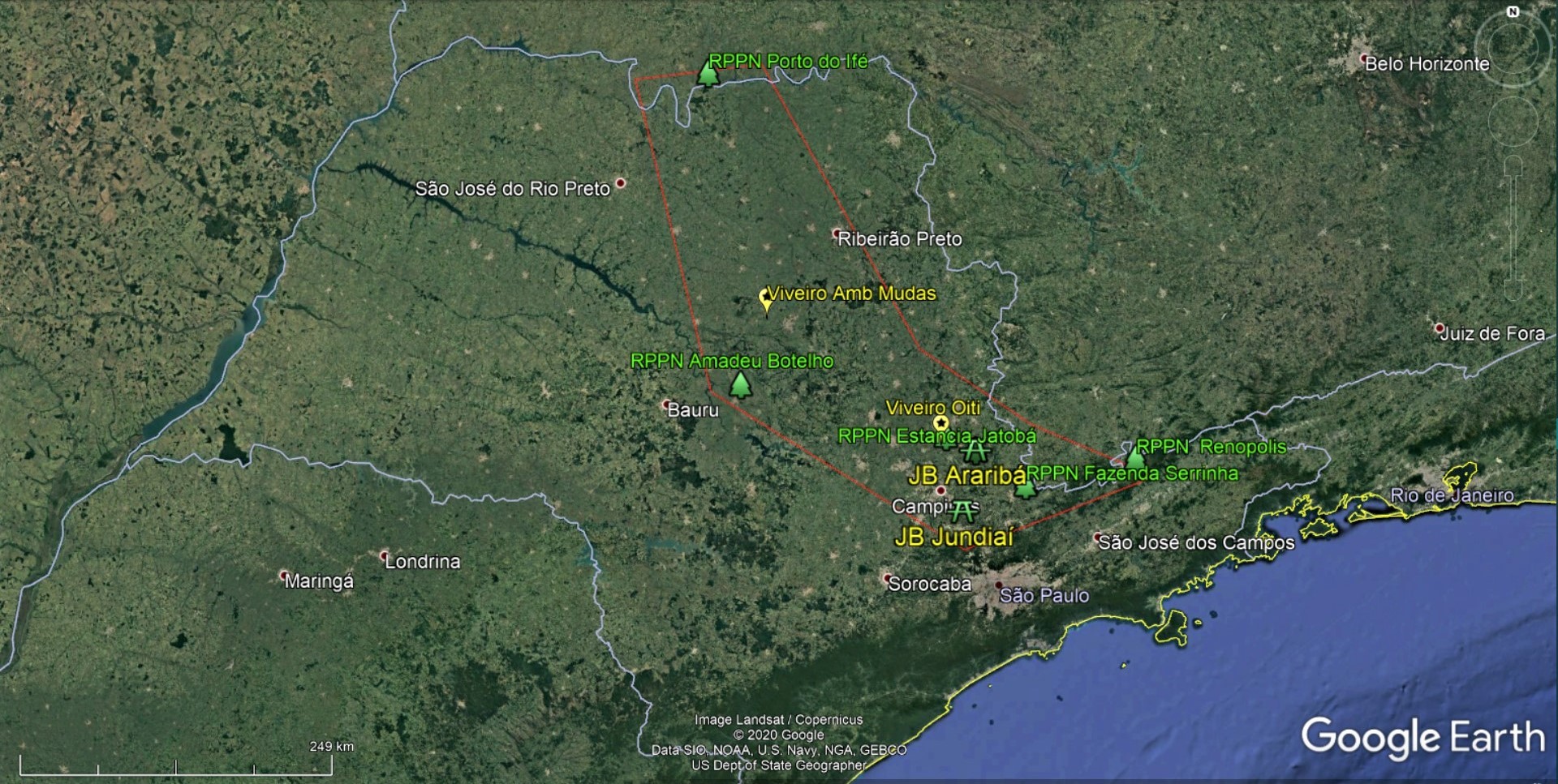 Imagem de satélite do Google Earth do estado de São Paulo com pontos marcando áreas do projeto