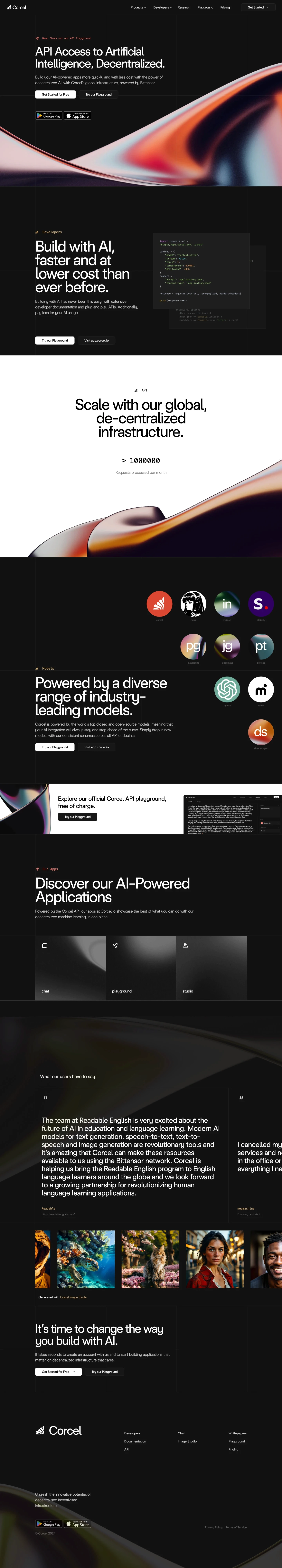 Corcel landing page screenshot showcasing Tech design