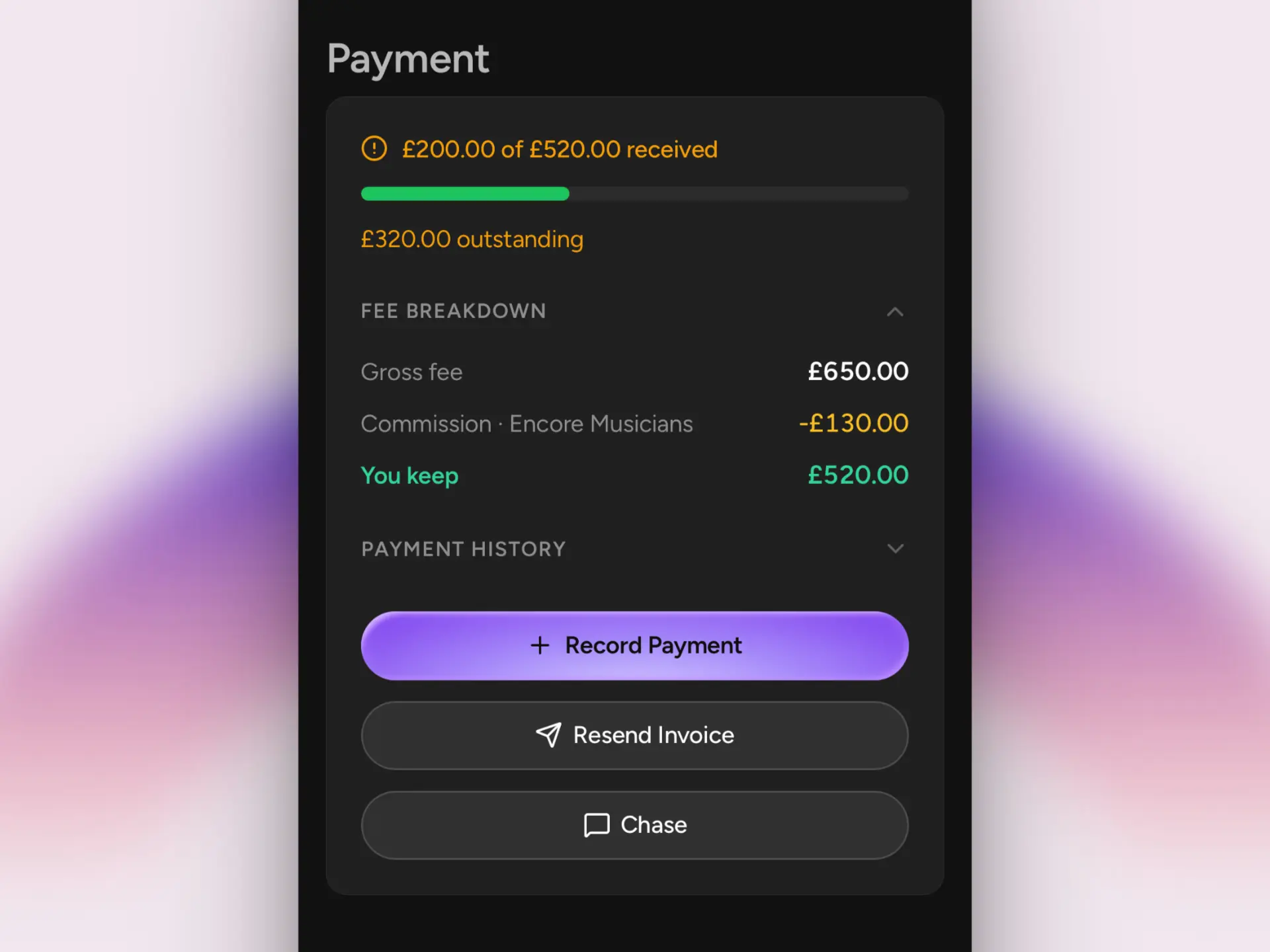 Gigflow gig detail screen showing automatic agency commission calculation — £175 gross fee minus £26.25 commission equals £148.75 actual take-home paye  