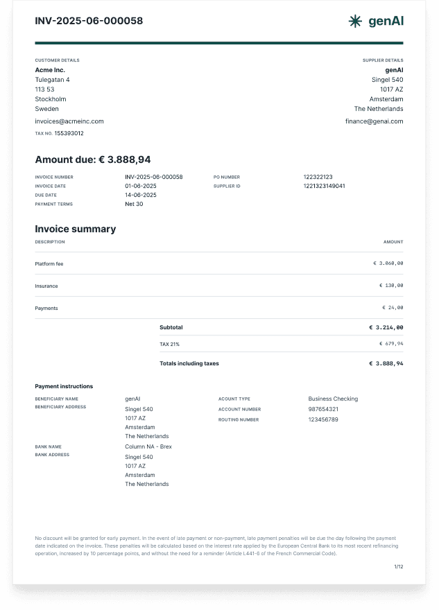 A full invoice generated by Solvimon