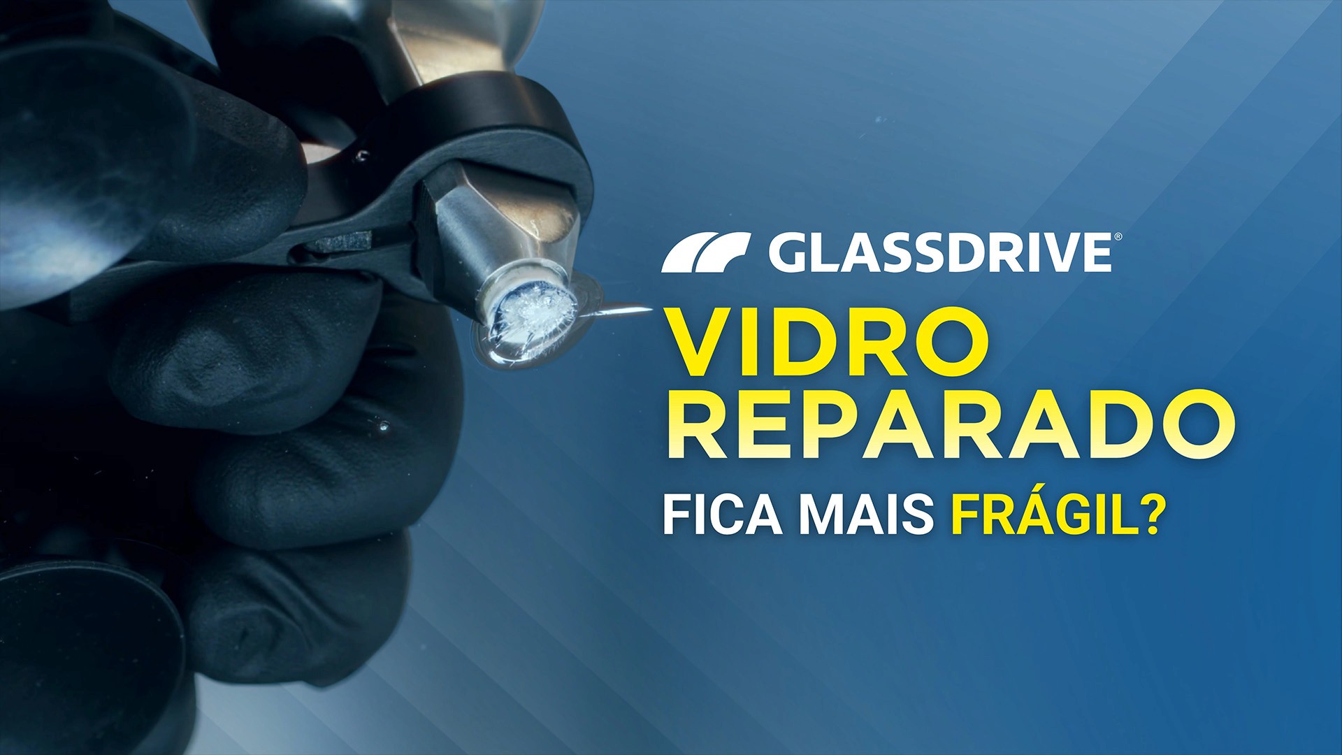 lose-up of a Glassdrive technician repairing a windshield chip, headline asking if repaired glass is weaker |