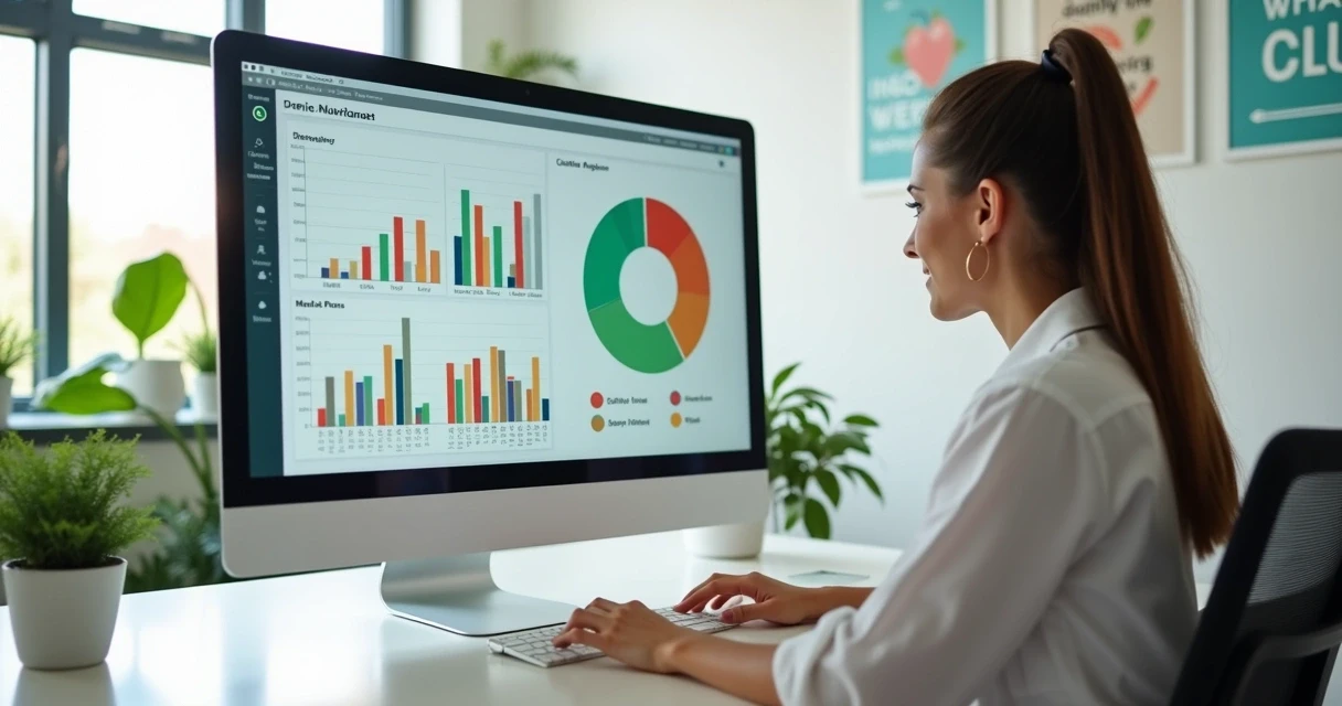 Nutricionista analisando gráficos digitais de acompanhamento de pacientes 