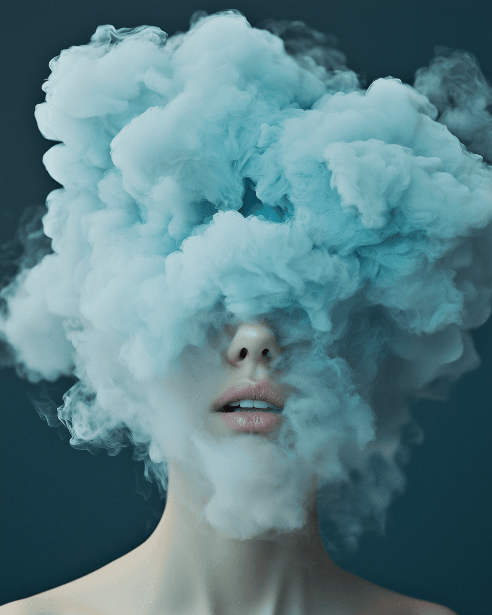 woman in a solid background with blue smoke covering her face