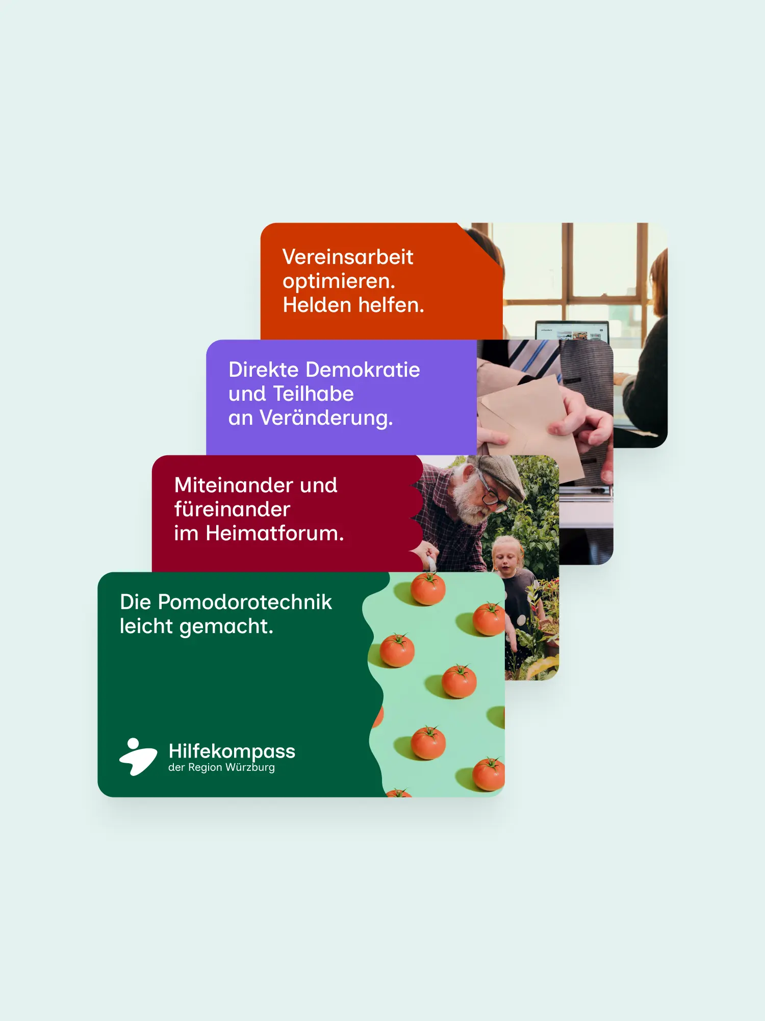 Vier überlappende Motivkarten zu Heldenhelfer, Mitmachportal, Heimatforum und Hilfekompass.
