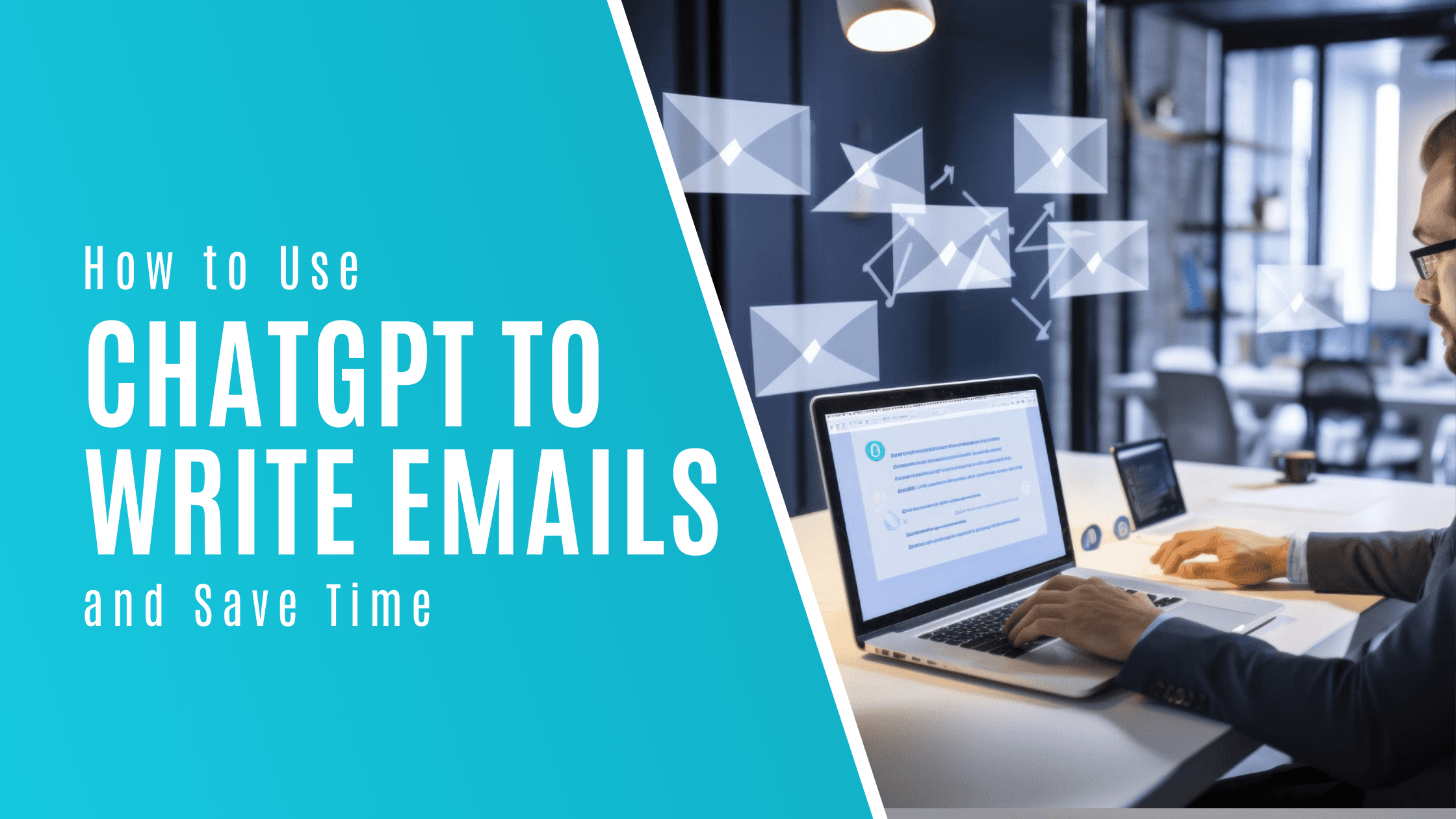 カバー画像、白い文字と青い背景に「ChatGPTを使ってメールを書き、時間を節約する方法」と書かれています。
