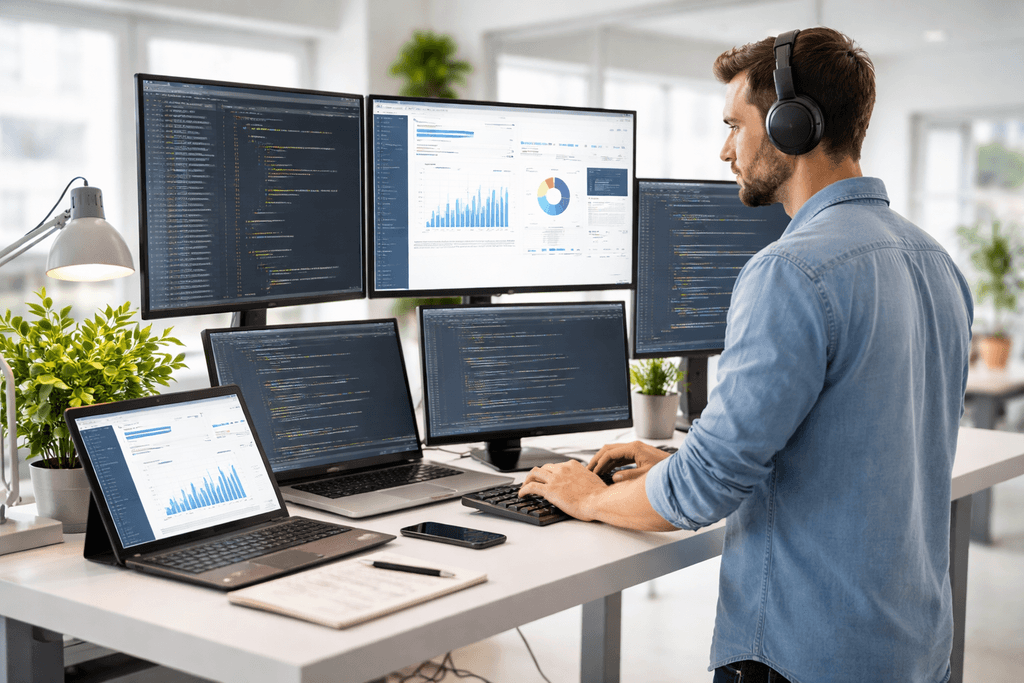 developer at a standing desk with multiple screens showing code and a product interface
