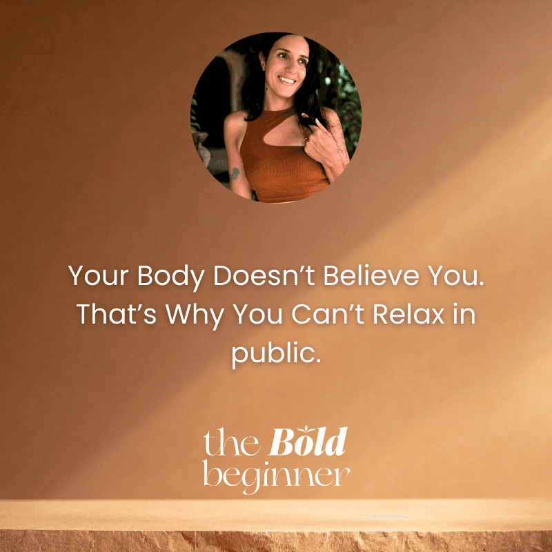 A Podcast episode thumbnail shows a boho minimalistic golden/taupe coloured background with a small circle frame showing the podcast host, a women smiling looking in the distance while playing with her hair, and the title of the episode underneath it