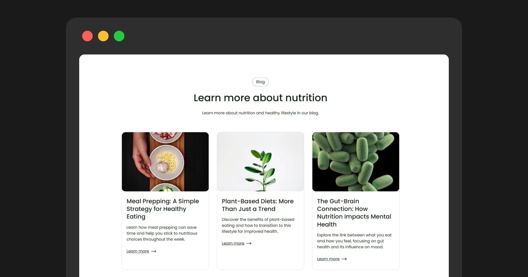 Nutria Framer template blog section showing three nutrition article cards with cover photos — Meal Prepping, Plant-Based Diets, and The Gut-Brain Connection