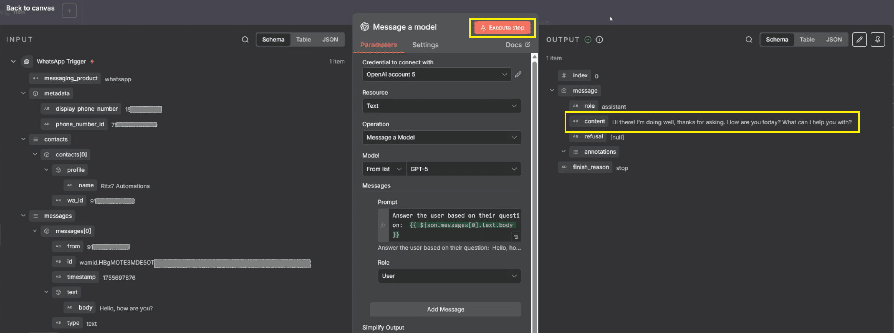 7. execute step - right side output panel can see content