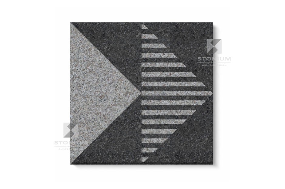 Zodiac stone tile with directional geometric pattern and linear detailing in textured grey surface for outdoor flooring