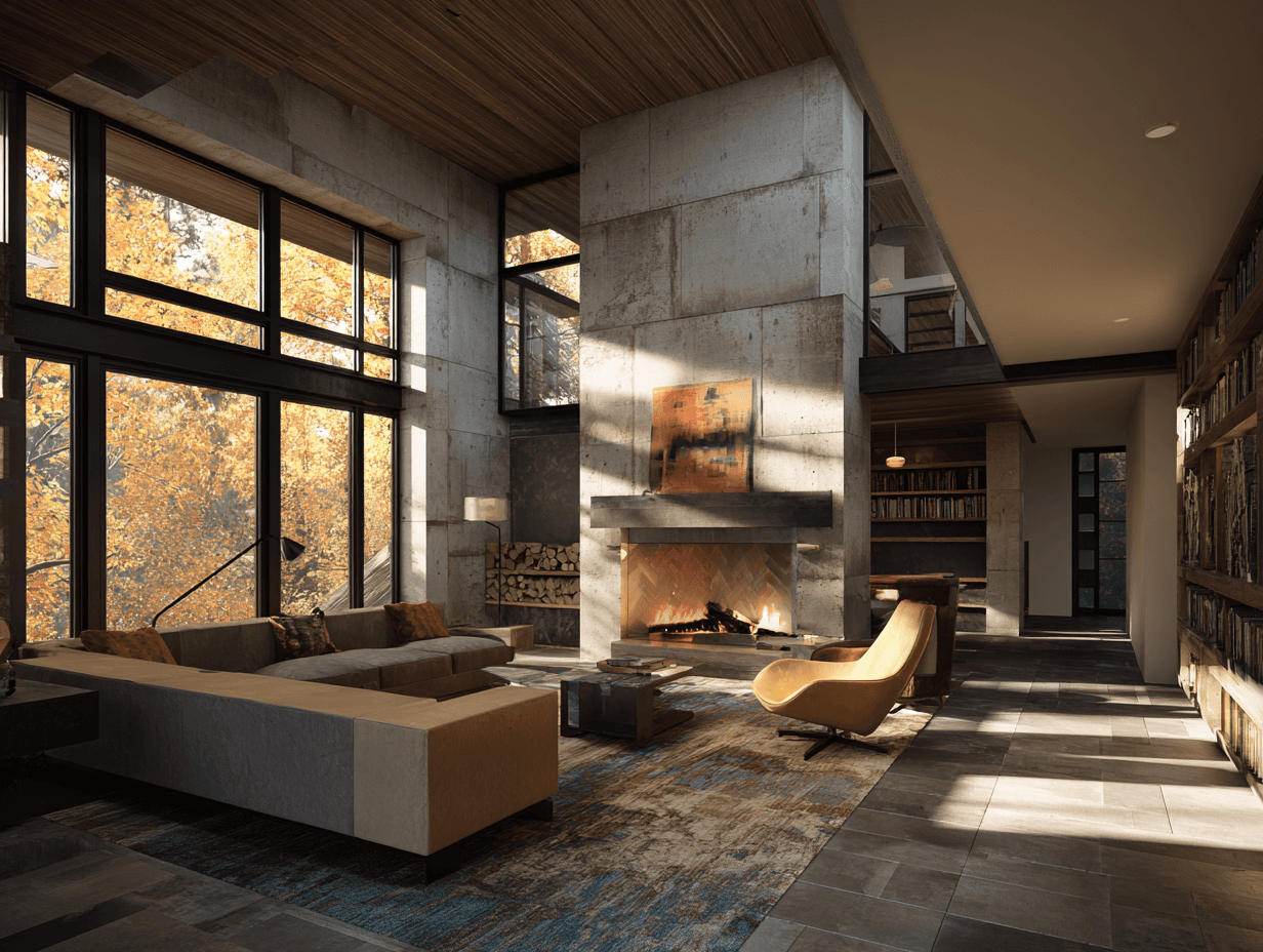 a living room filled with furniture and a large window