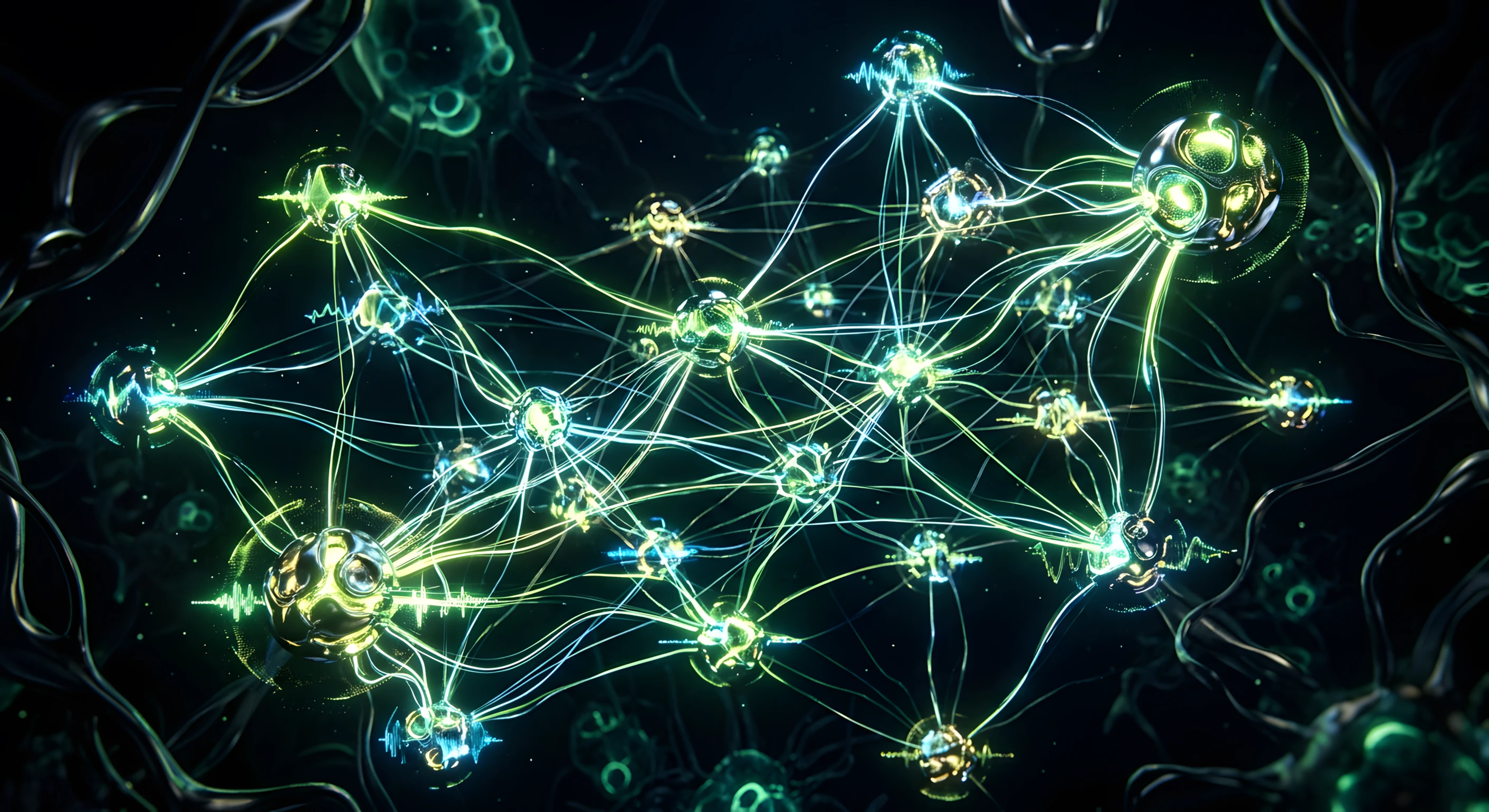 Emotional and interactive sonic connection — abstract neural network with audio frequency nodes