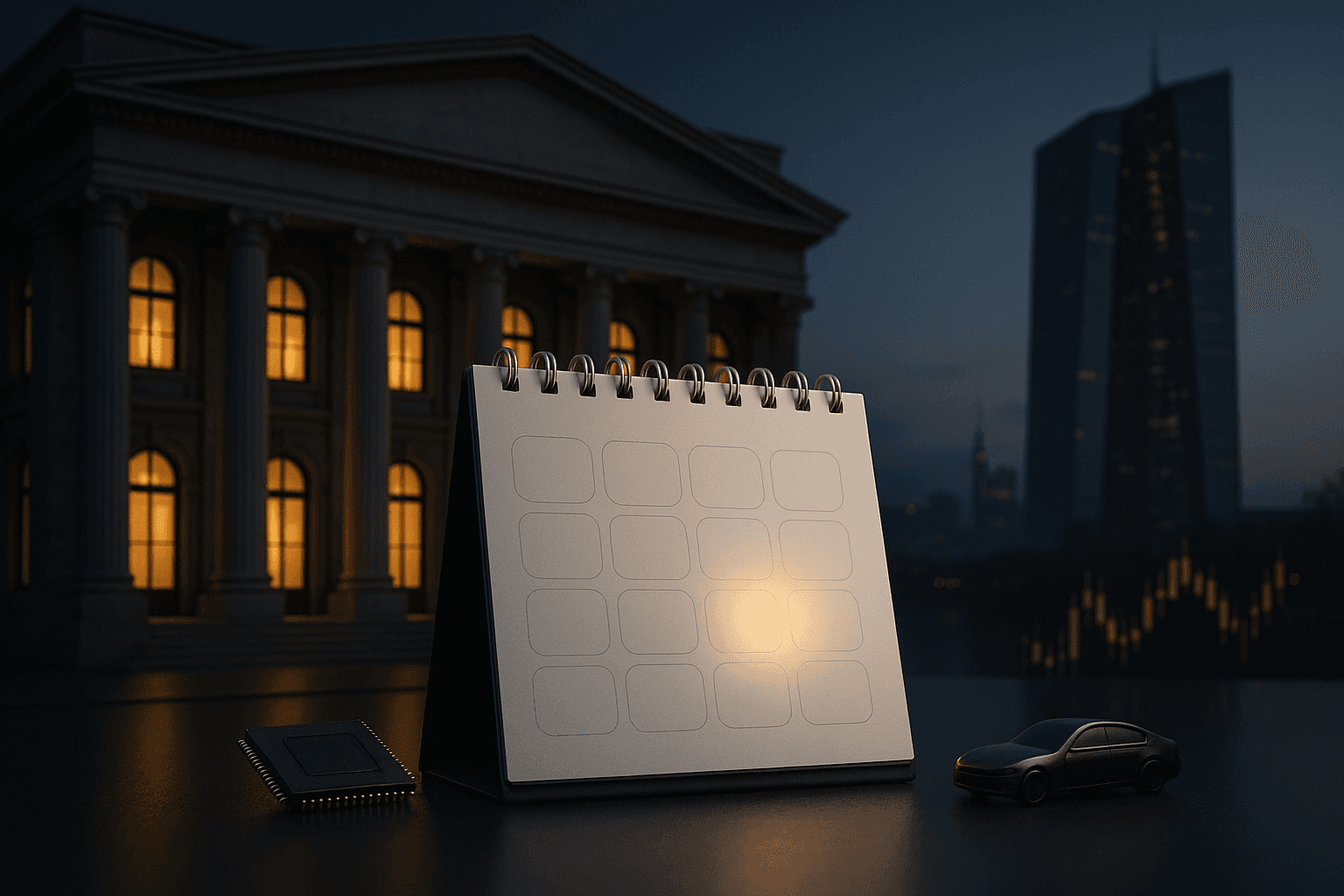 Börsenfassade in der Abenddämmerung mit Wochenkalender, EZB-Turm-Silhouette und goldener Chart-Symbolik im Hintergrund