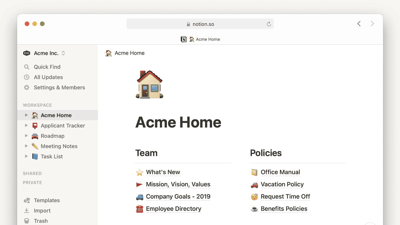 Notion's workspace home page