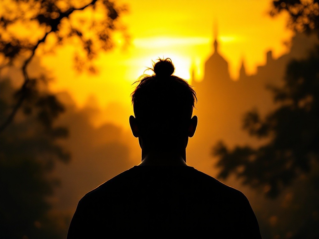 Silhouette of a person with a bun hairstyle standing with their back to the camera, facing a bright orange sunset with a blurry cityscape in the background.