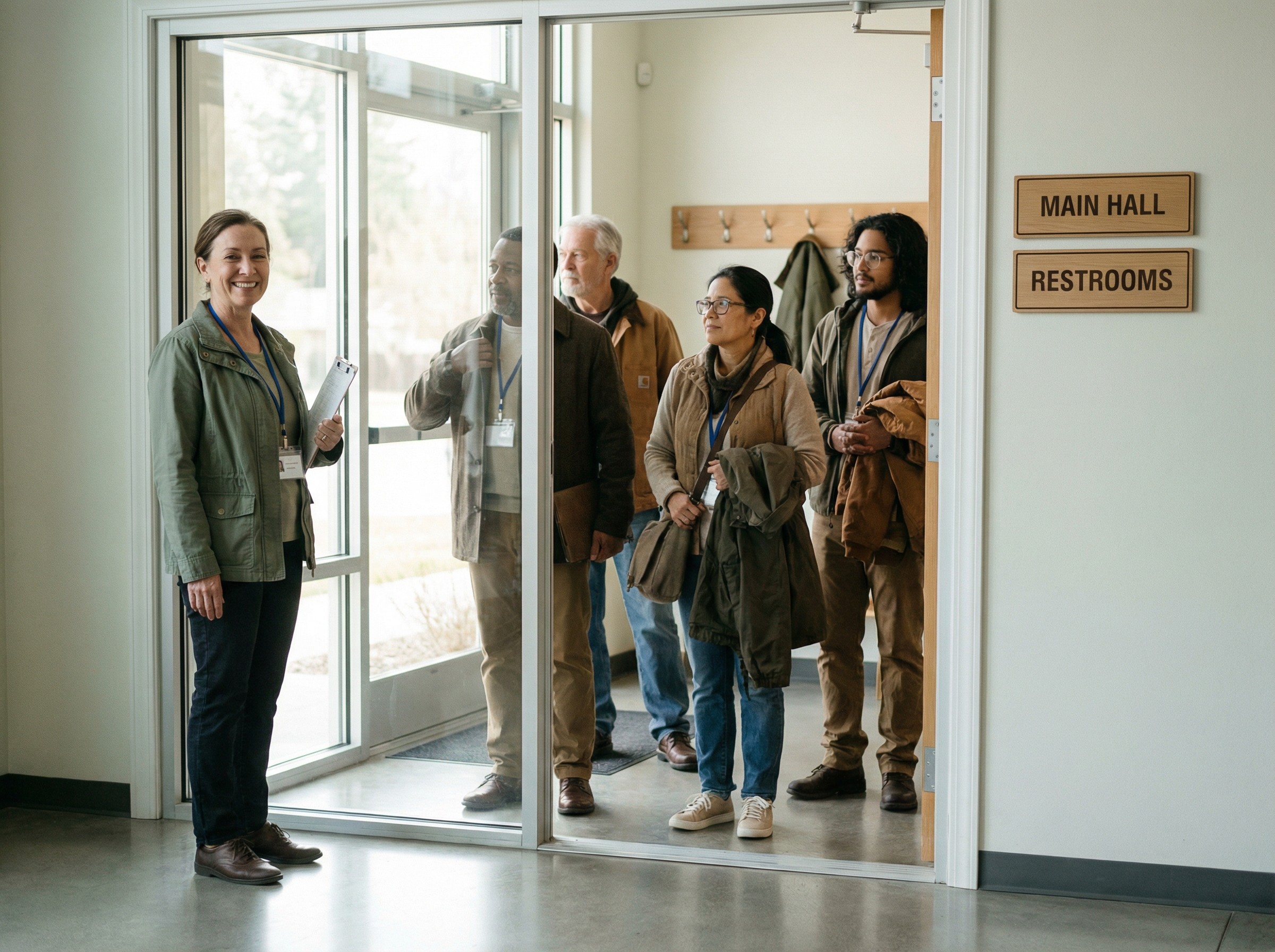 Am Eingang des Gemeindehauses begrüßt ein ehrenamtlicher Helfer eine Gruppe mit Namensbändern. Durch die Glastür fällt Licht in den Flur, an der Wand hängen zwei gut lesbare Türschilder. Jacken an der Garderobe, freundliche Gesichter und pünktliche Ankunft prägen die Szene.