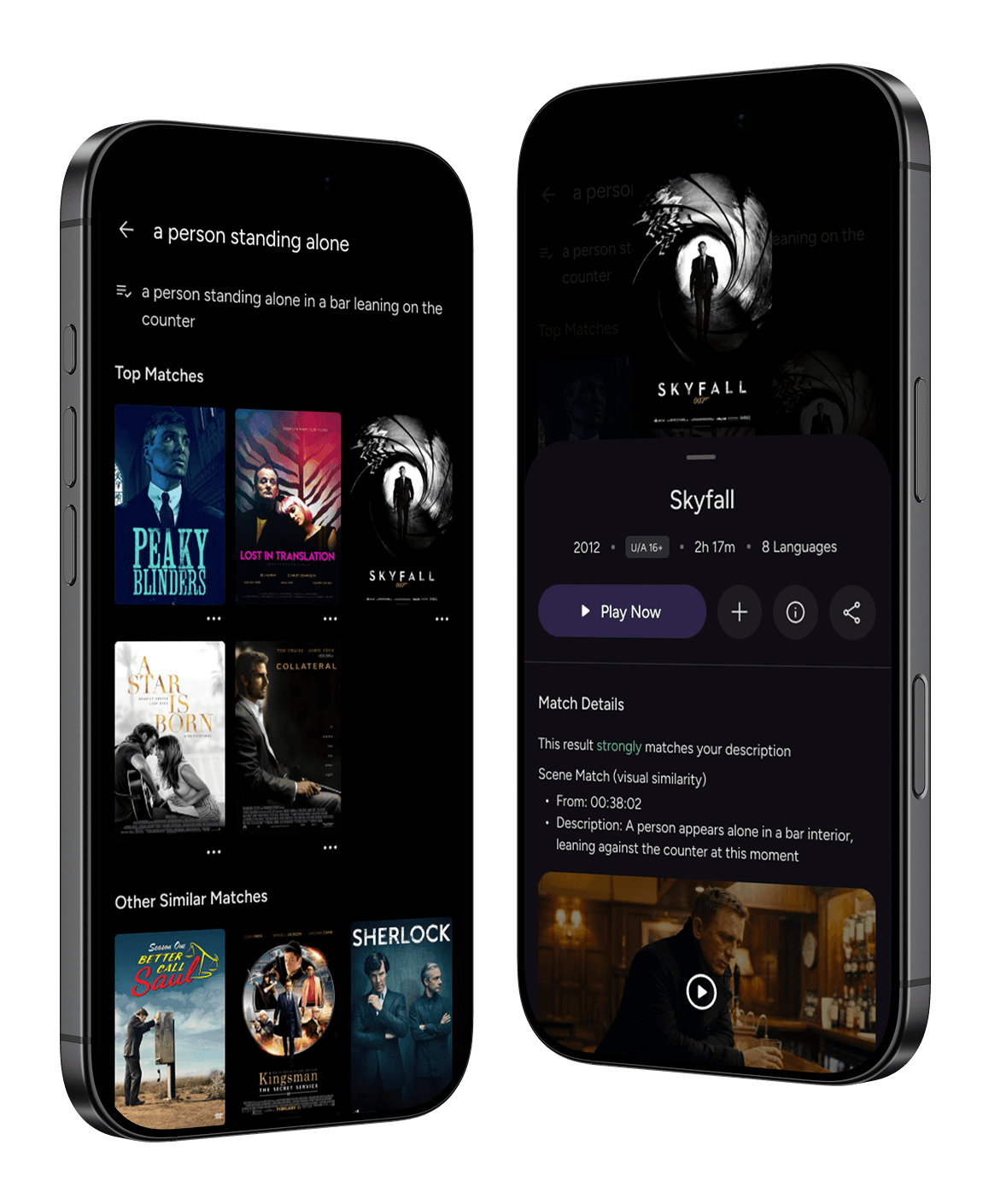Visual similarity search results with a timestamped scene match for the movie Skyfall