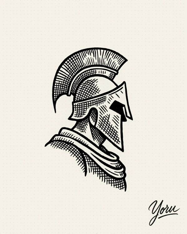 Diseño de tatuaje de un casco espartano o griego, visto de perfil, en estilo de grabado.