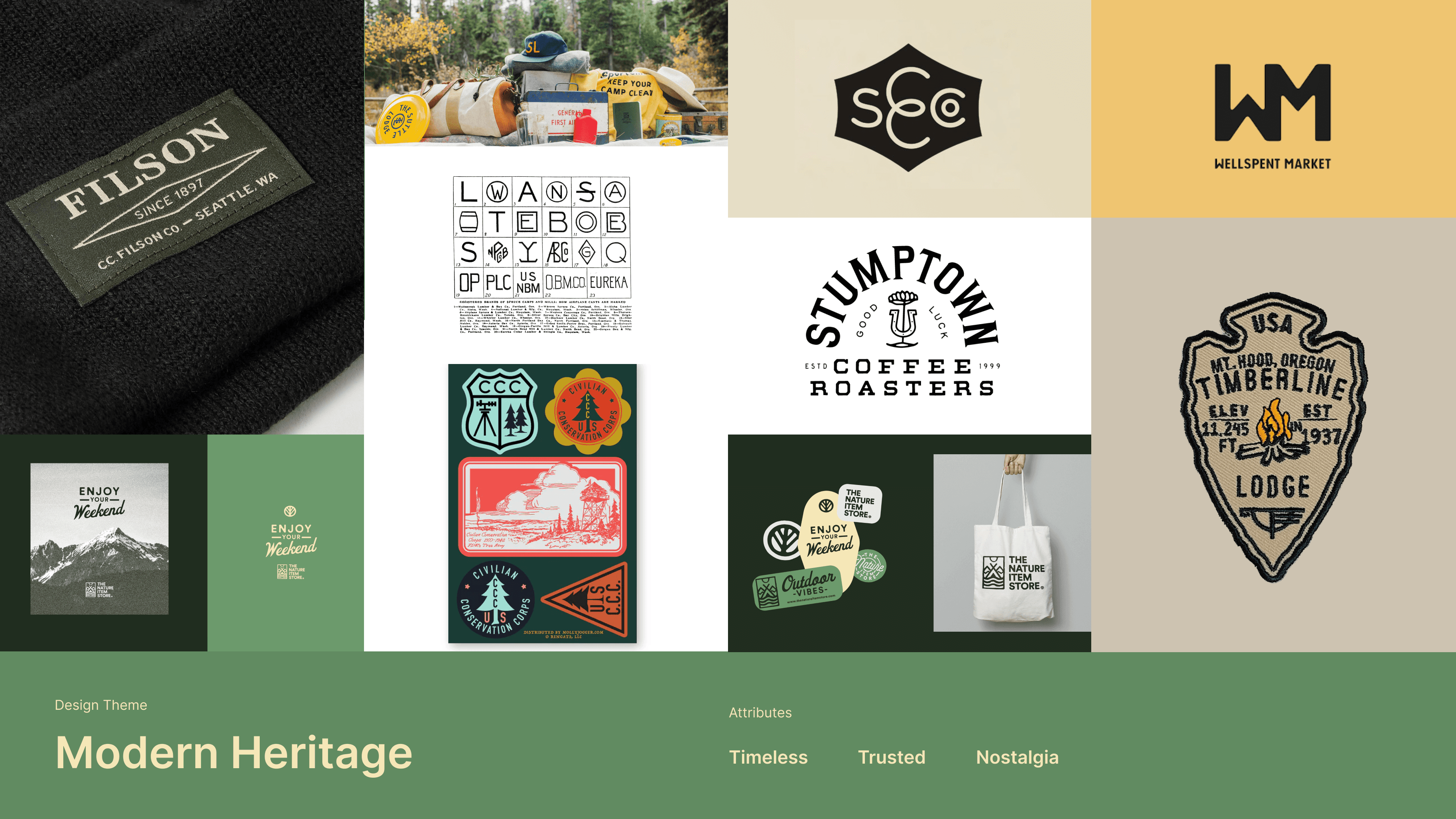 The "Modern Heritage" design theme used to explore how design attributes translated to color, typography, and other brand elements