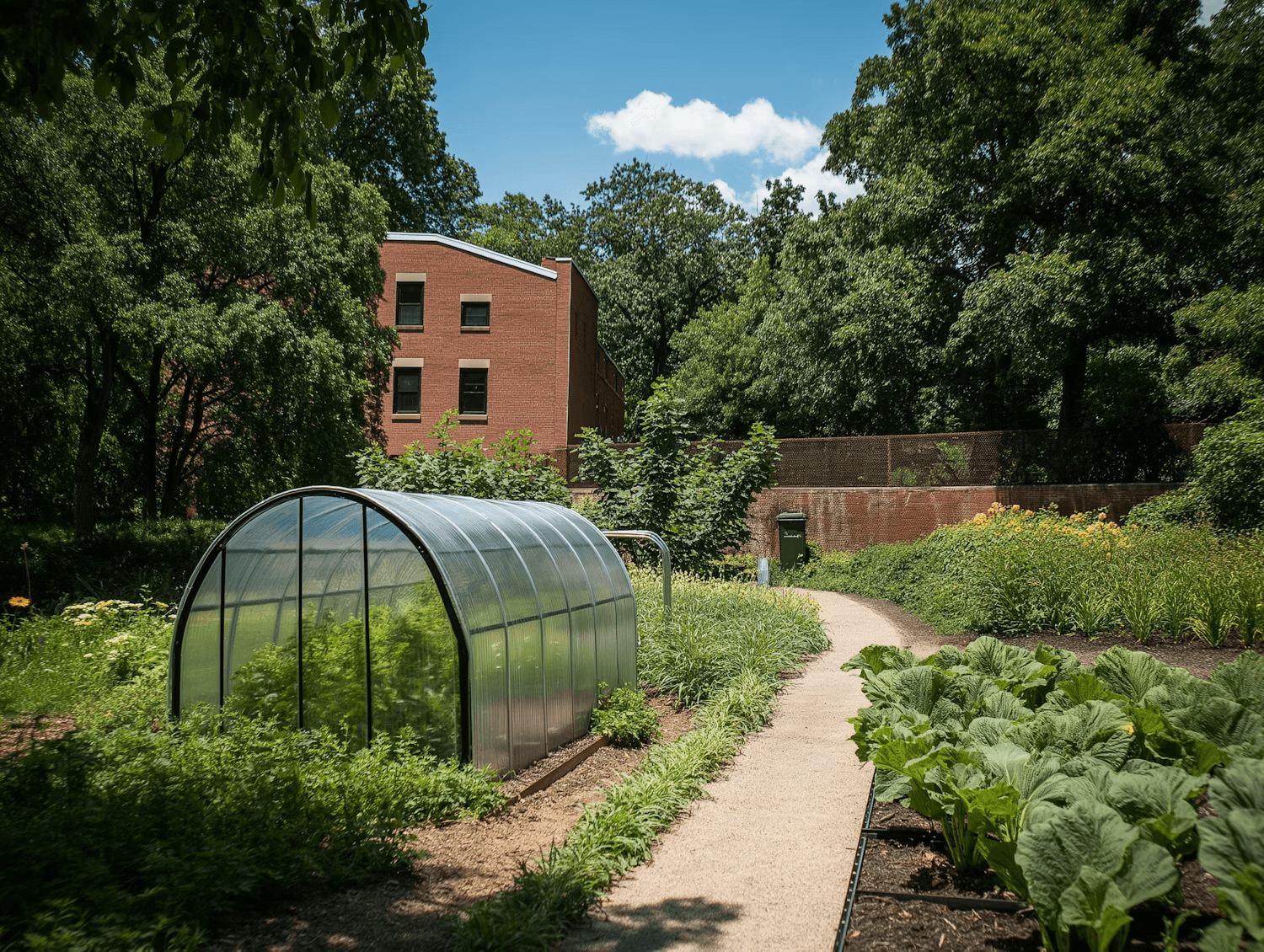 Lush garden with a greenhouse