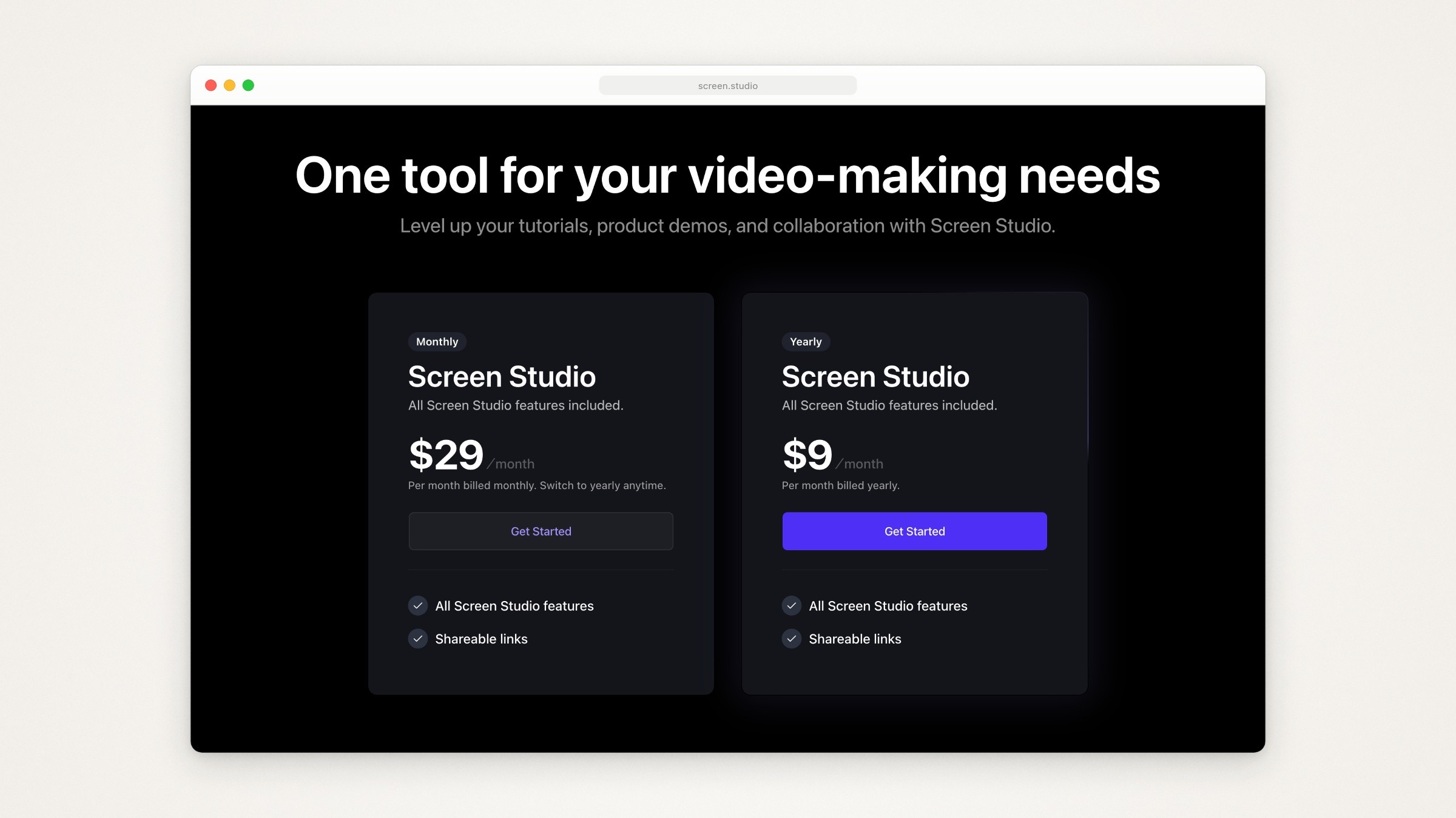 Screen Studio’s pricing section with two plans: Monthly at $29 a month billed monthly and Yearly at $9 a month billed yearly, both listing all features and shareable links