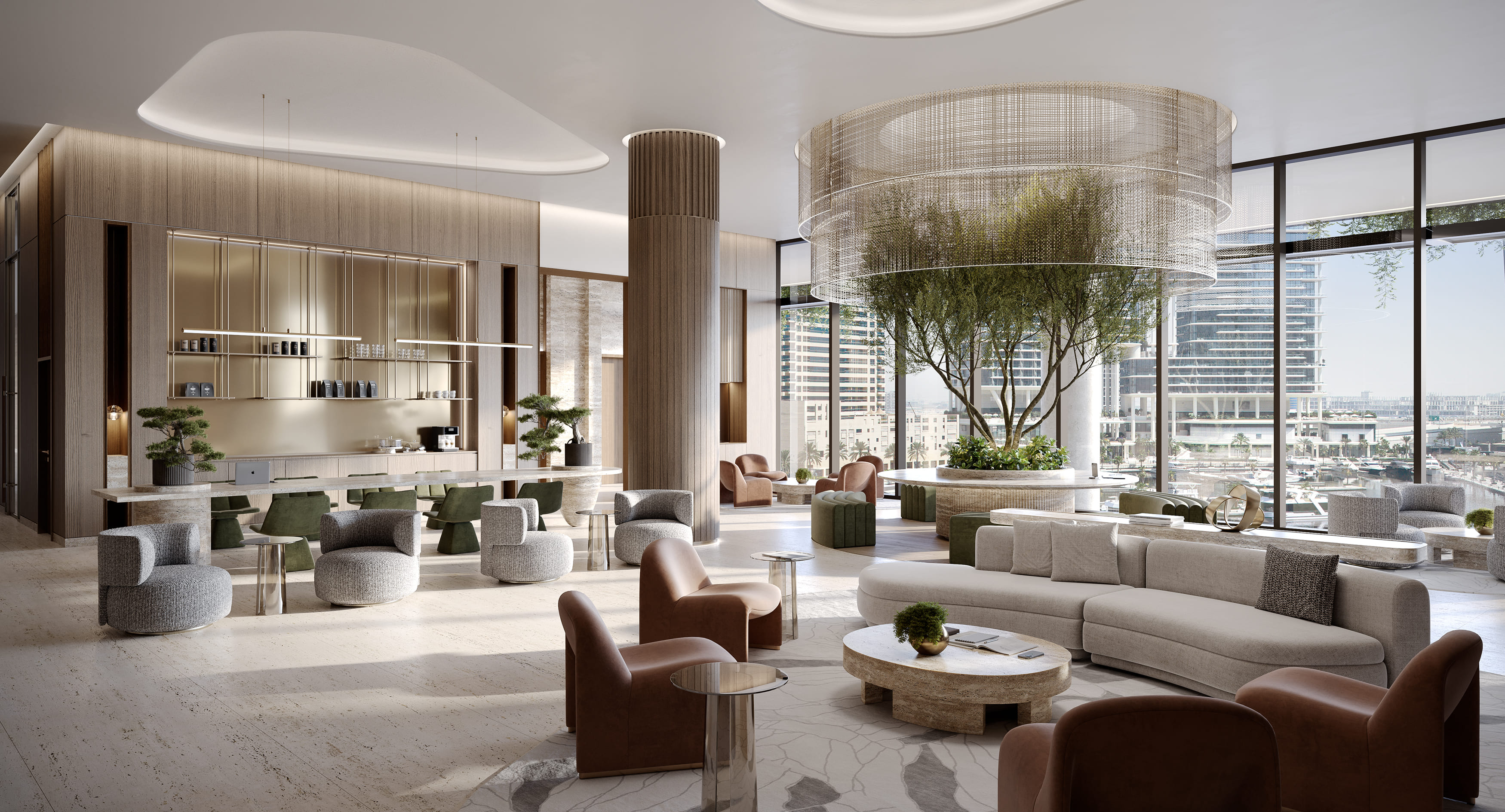 Lobby of Enara by Omniyat, featuring large windows that illuminate the luxurious interior space.