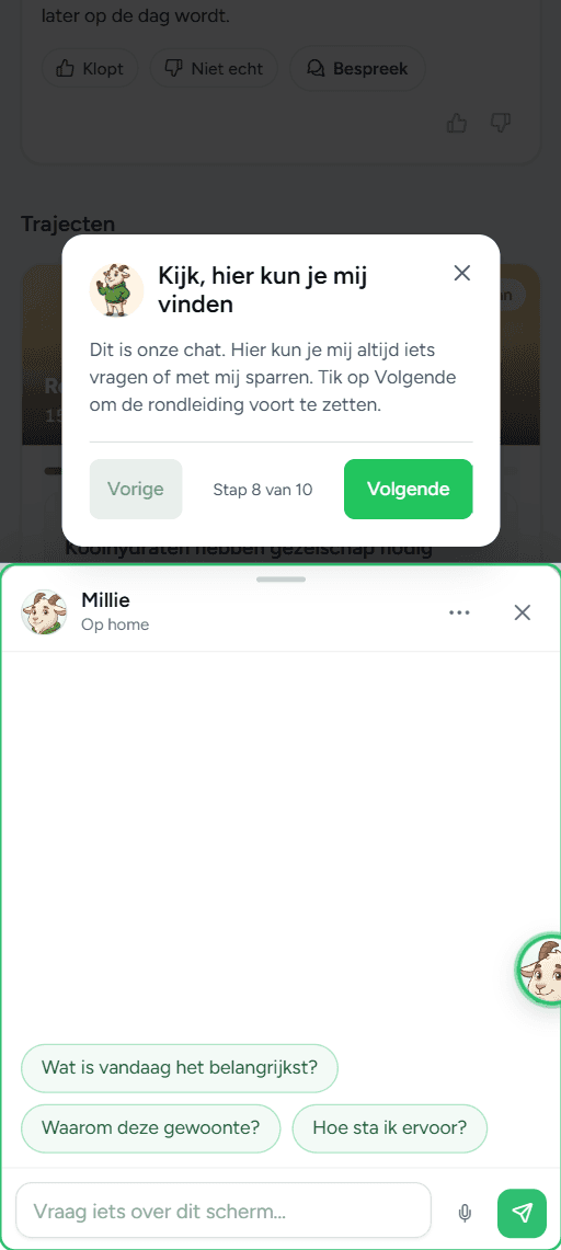 De chat met coach Millie, met voorbeeldvragen