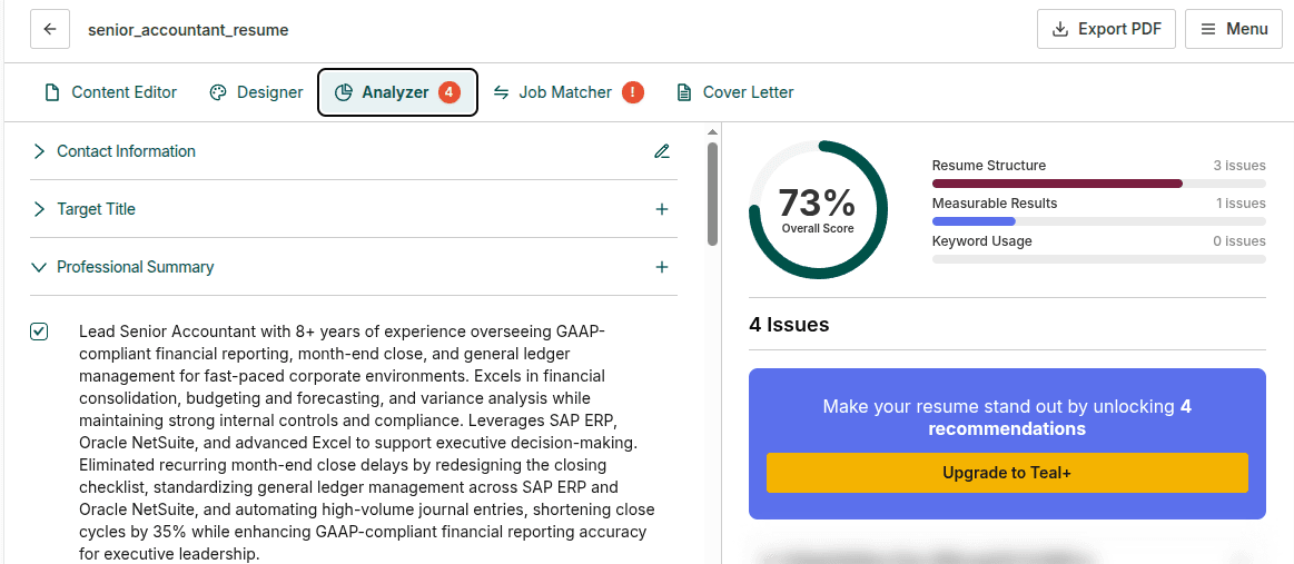 Checker B scoring the same resume 73% with no job description attached