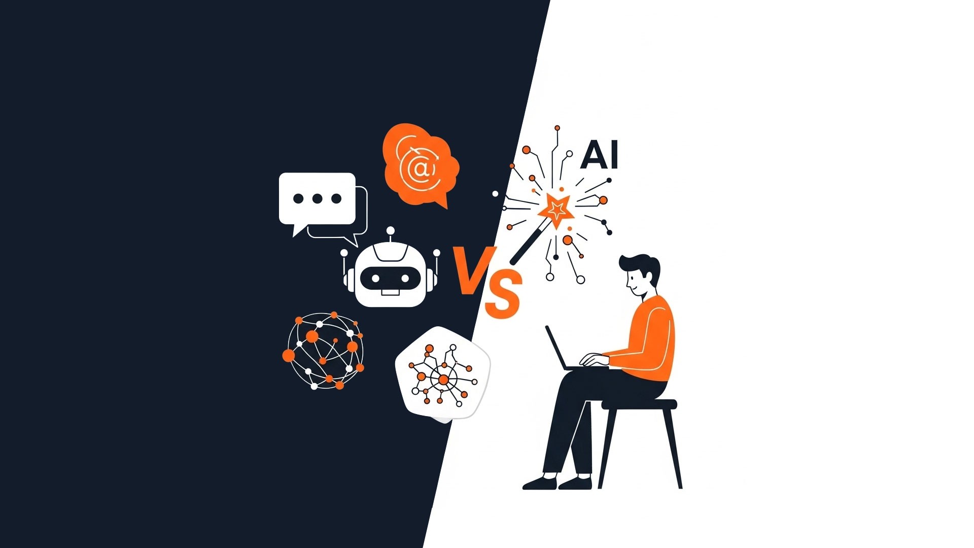 Illustration Mensch vs. KI im Webdesign – künstliche Intelligenz und Designer arbeiten gemeinsam an modernen Websites