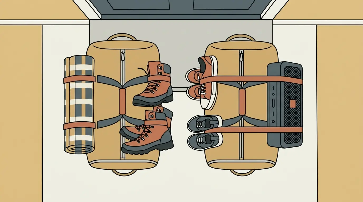 Two identical travel bags side by side on a doorstep, one packed with a folded picnic blanket and hiking boots, the other with six pairs of shoes and a portable speaker.