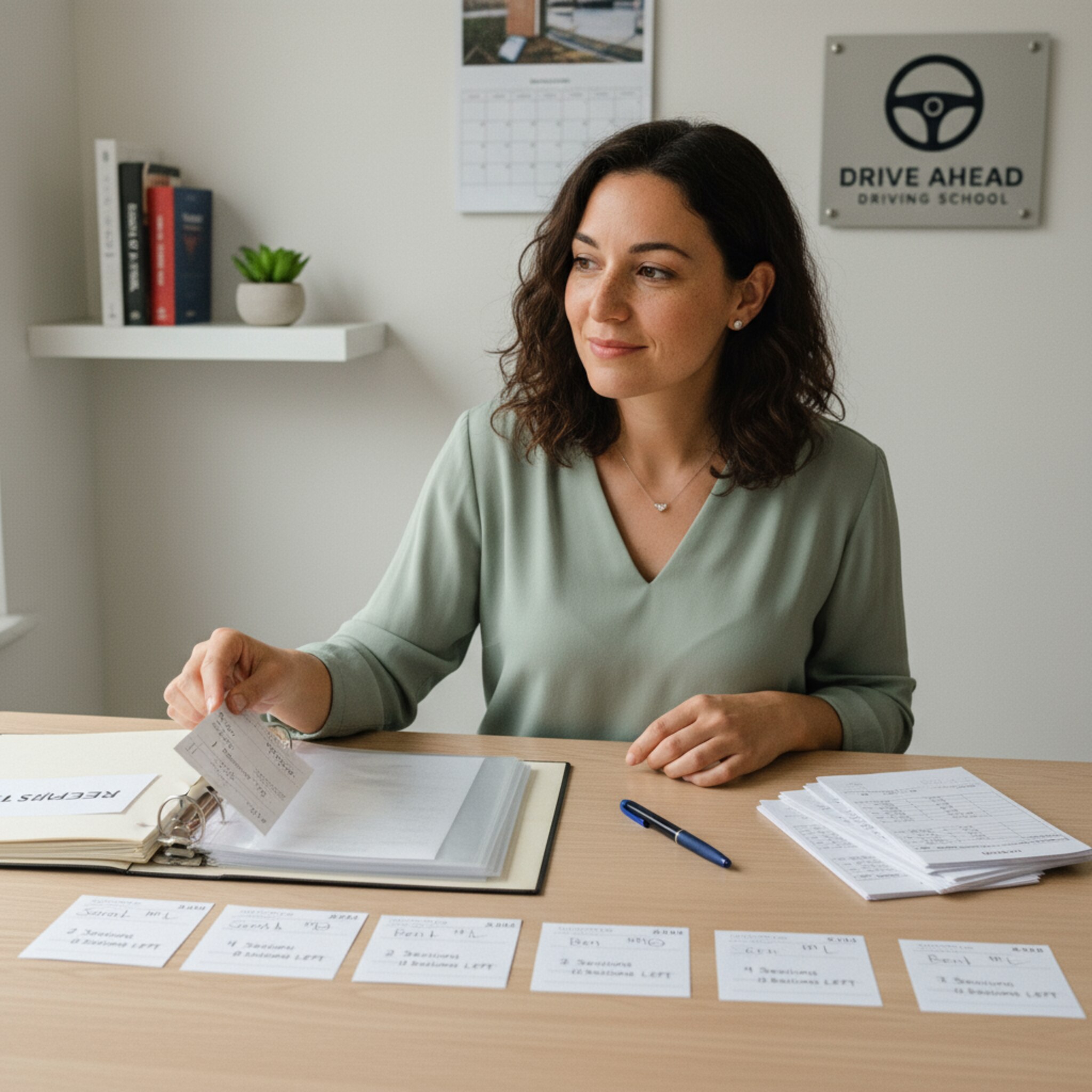 Auf einem aufgeräumten Schreibtisch liegen sortierte Fahrstundenkarten mit Namen und verbleibenden Einheiten, daneben ein nummerierter Rechnungsblock. Eine Mitarbeiterin heftet einen Beleg in einen Ordner ab. Die Szene strahlt Übersicht, Verbindlichkeit und einfache Abwicklung aus.