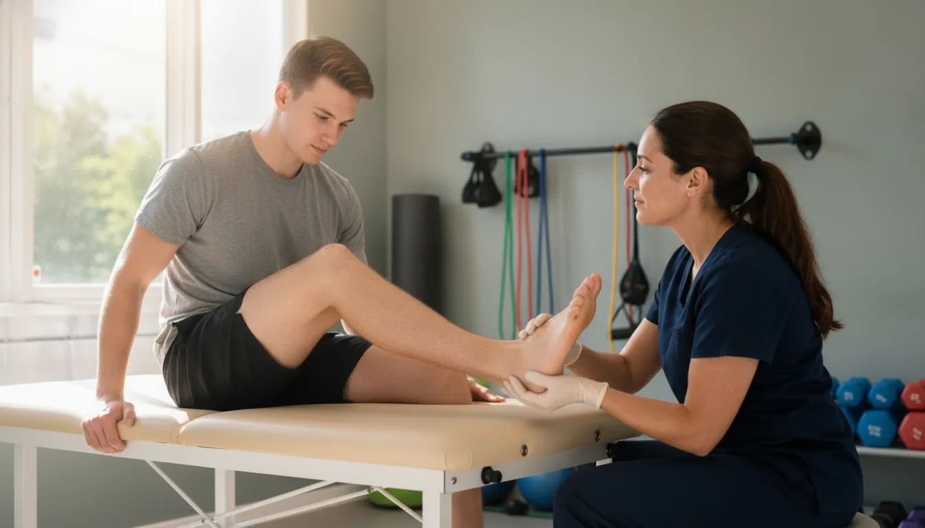 Athlete working on ankle mobility during high ankle sprain rehabilitation