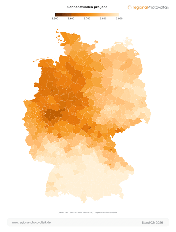 Eine Deutschlandkarte mit den Unterschiedlichen Sonnenstunden der Regionen