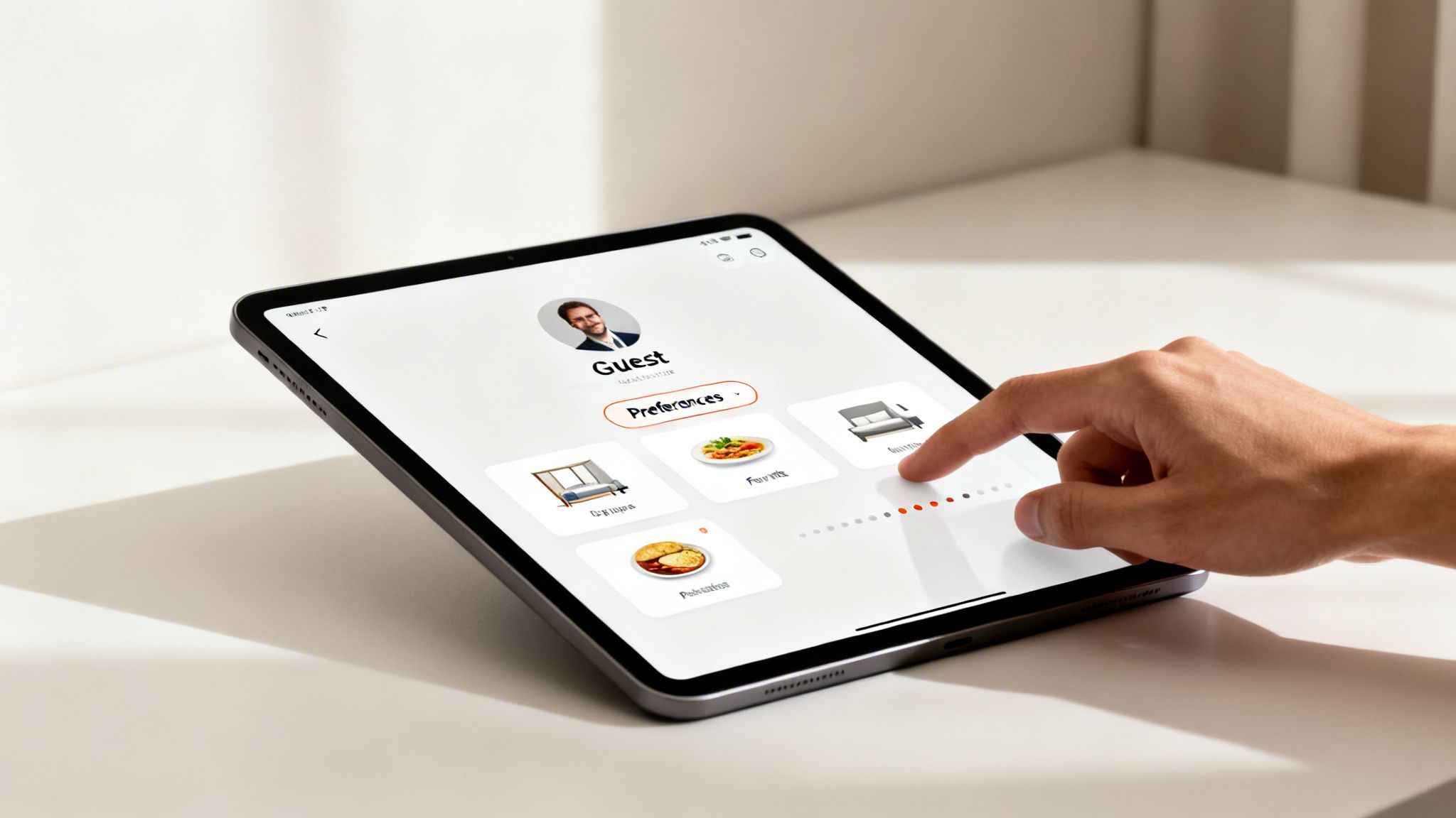 Close-up of a hand interacting with a tablet displaying user preferences for different room types and meals.