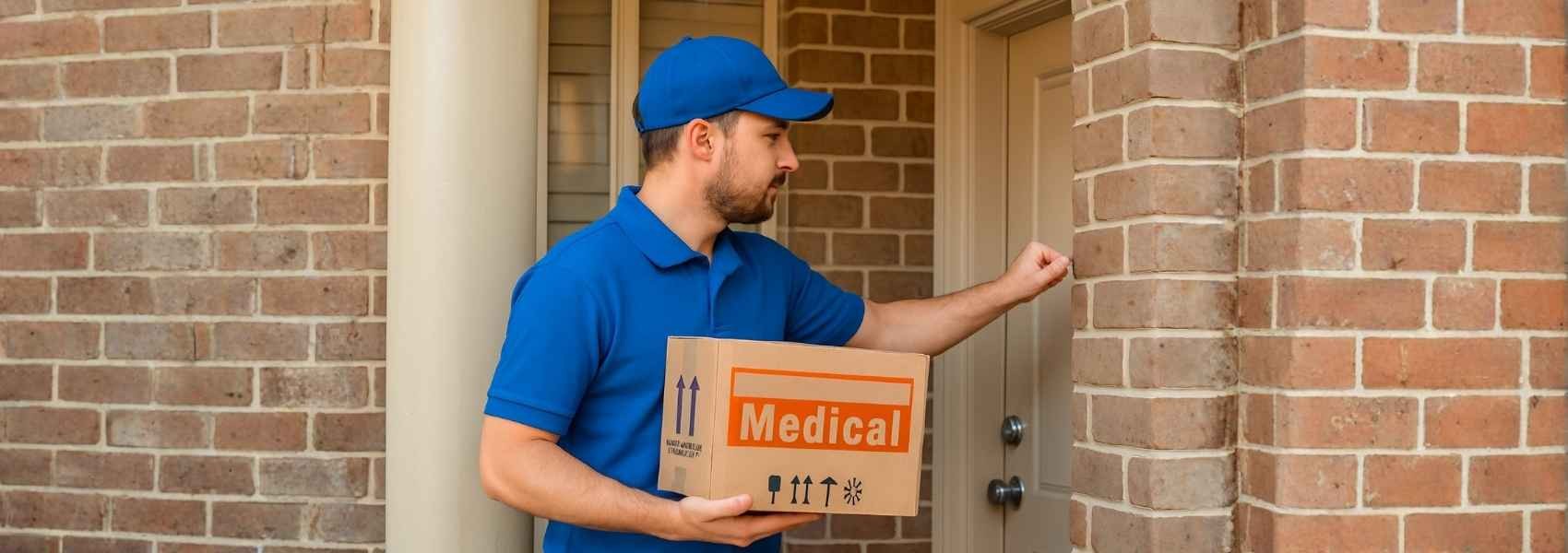 delivery person knocks the door to deliver medical package