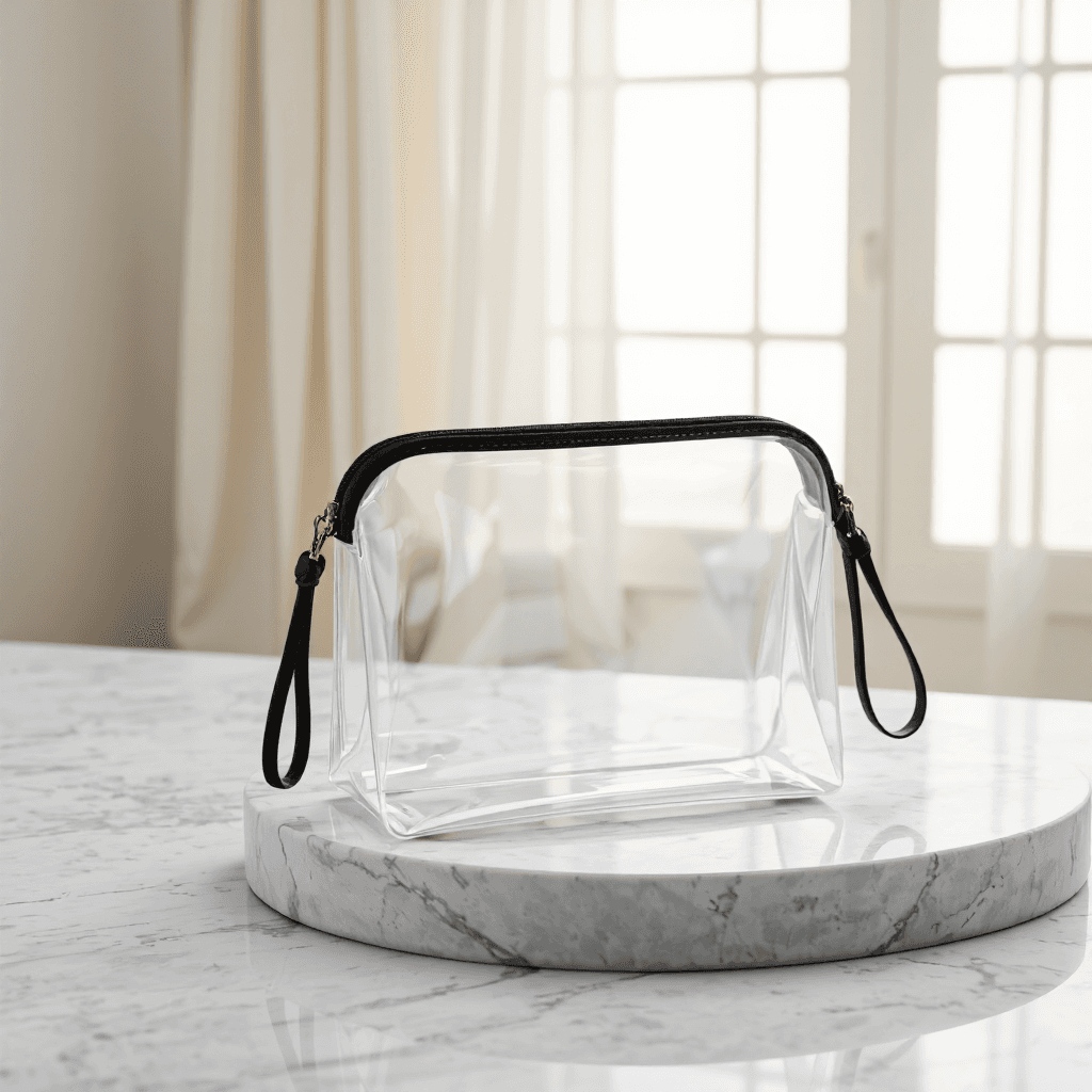 product photography of a transparent cosmetic pouch with a zipper