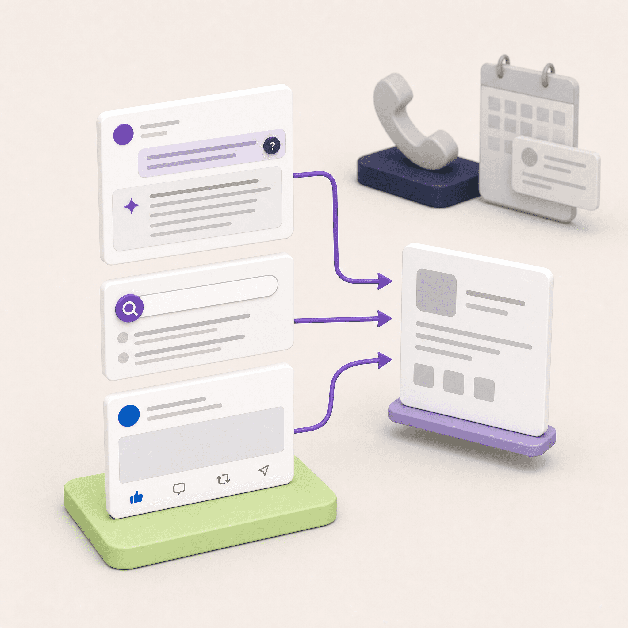 An AI chat window, a search bar and a LinkedIn feed post lead with purple arrows to a company card, while a phone handset and a calendar invite sit greyed out and unused in the back