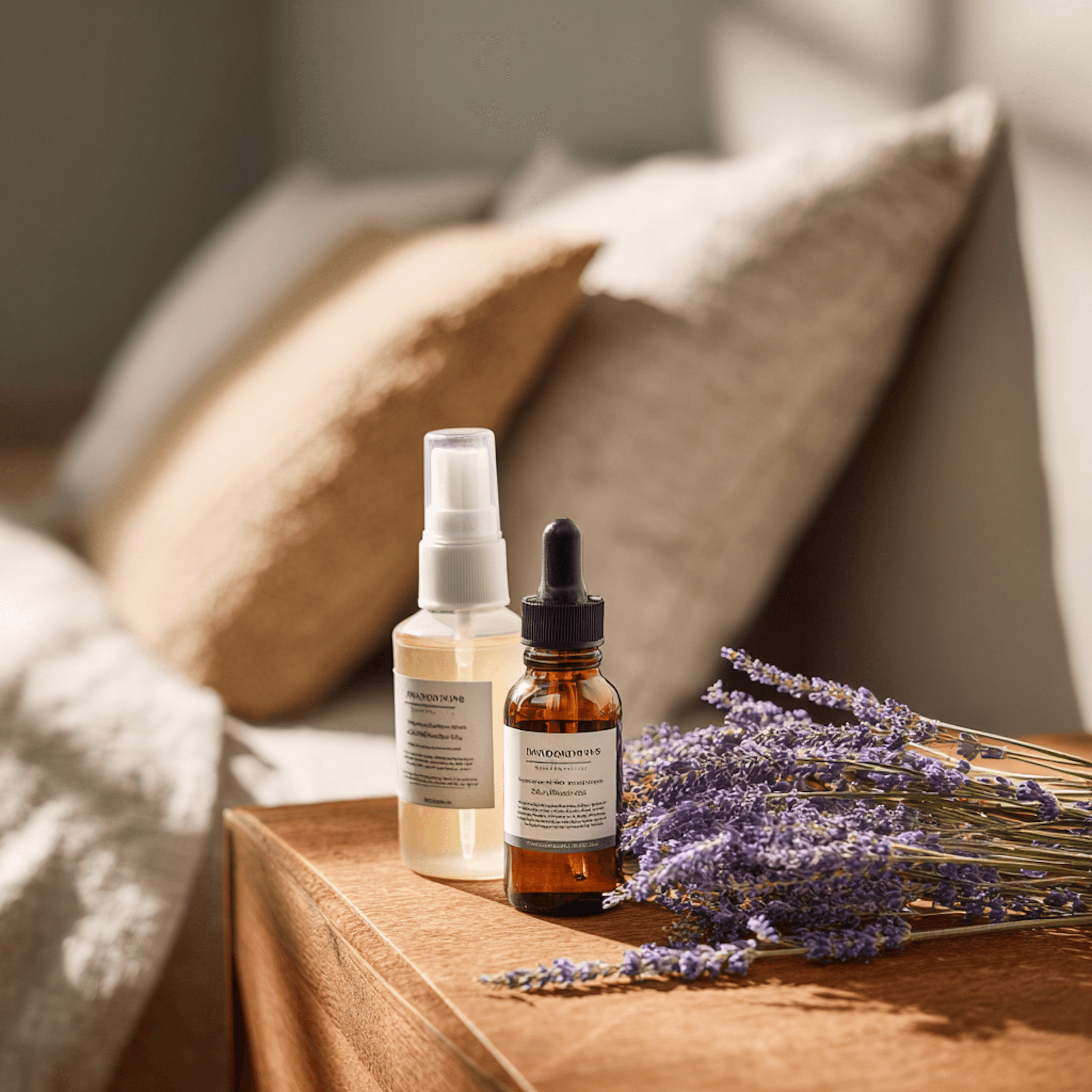 A wooden bedside table with skincare bottles and dried lavender, bathed in warm sunlight, creating a serene and cozy atmosphere.